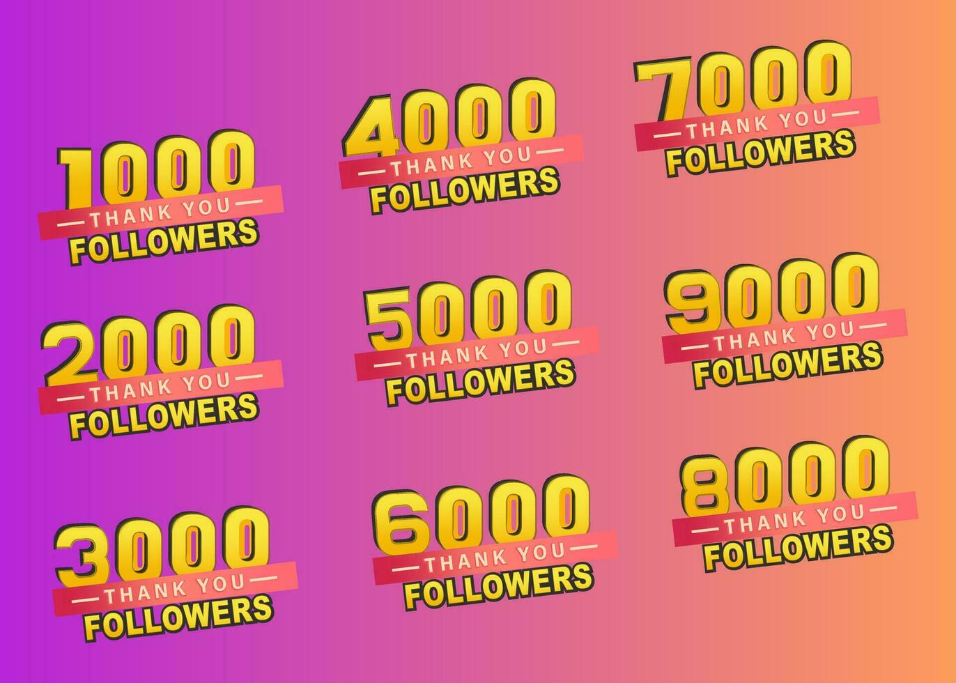 dank u 1000 naar 9000 volgers banier, bedankt volgers felicitatie kaart, helling achtergrond, vector illustratie voor sociaal netwerken, reeks banier