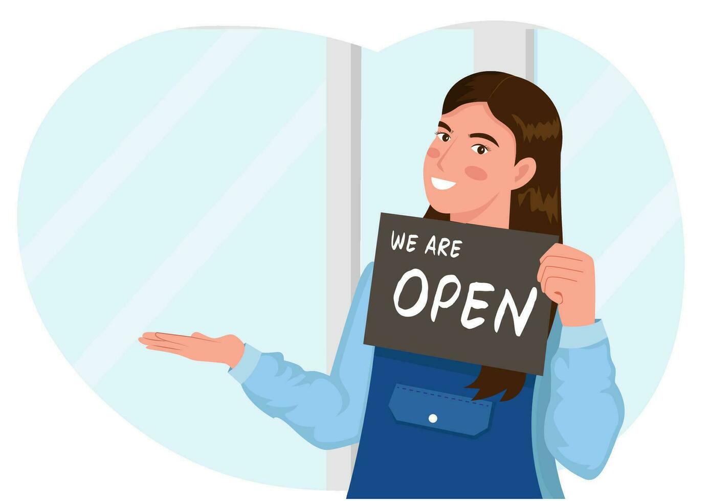 gelukkig vrouw serveerster Holding Open teken terwijl staand Bij cafe of restaurant deur. vector illustratie