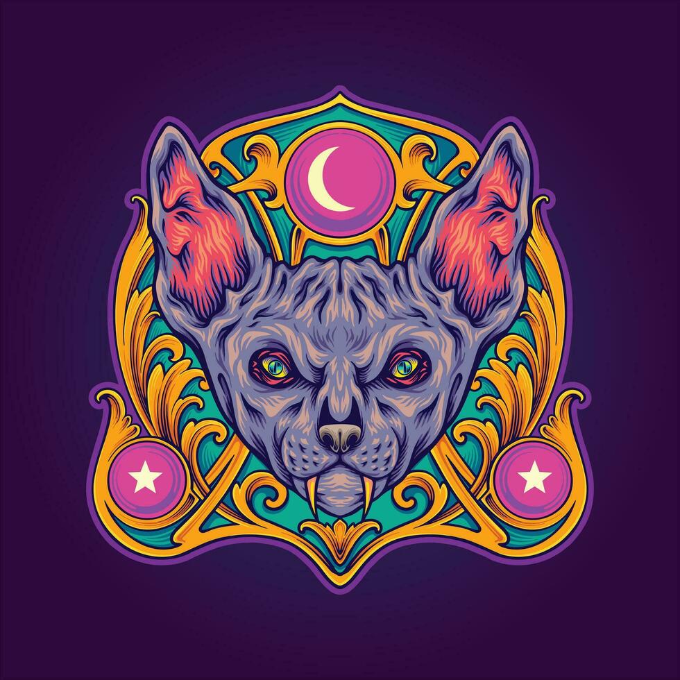 sphynx kat god hoofd met gegraveerde ornament kader vector illustraties voor uw werk logo, handelswaar t-shirt, stickers en etiket ontwerpen, poster, groet kaarten reclame bedrijf bedrijf