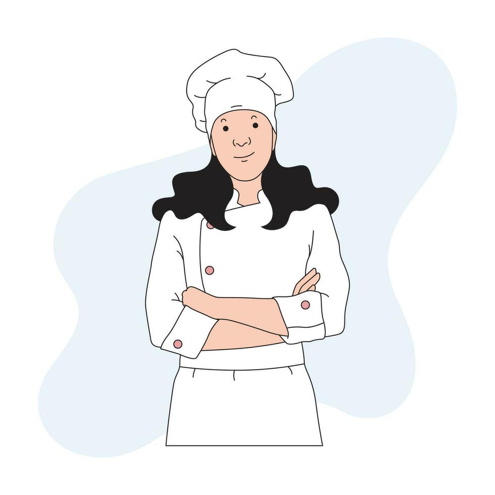 een vrouw chef met lang haar- is voorbereidingen treffen voor haar voedsel tonen vector