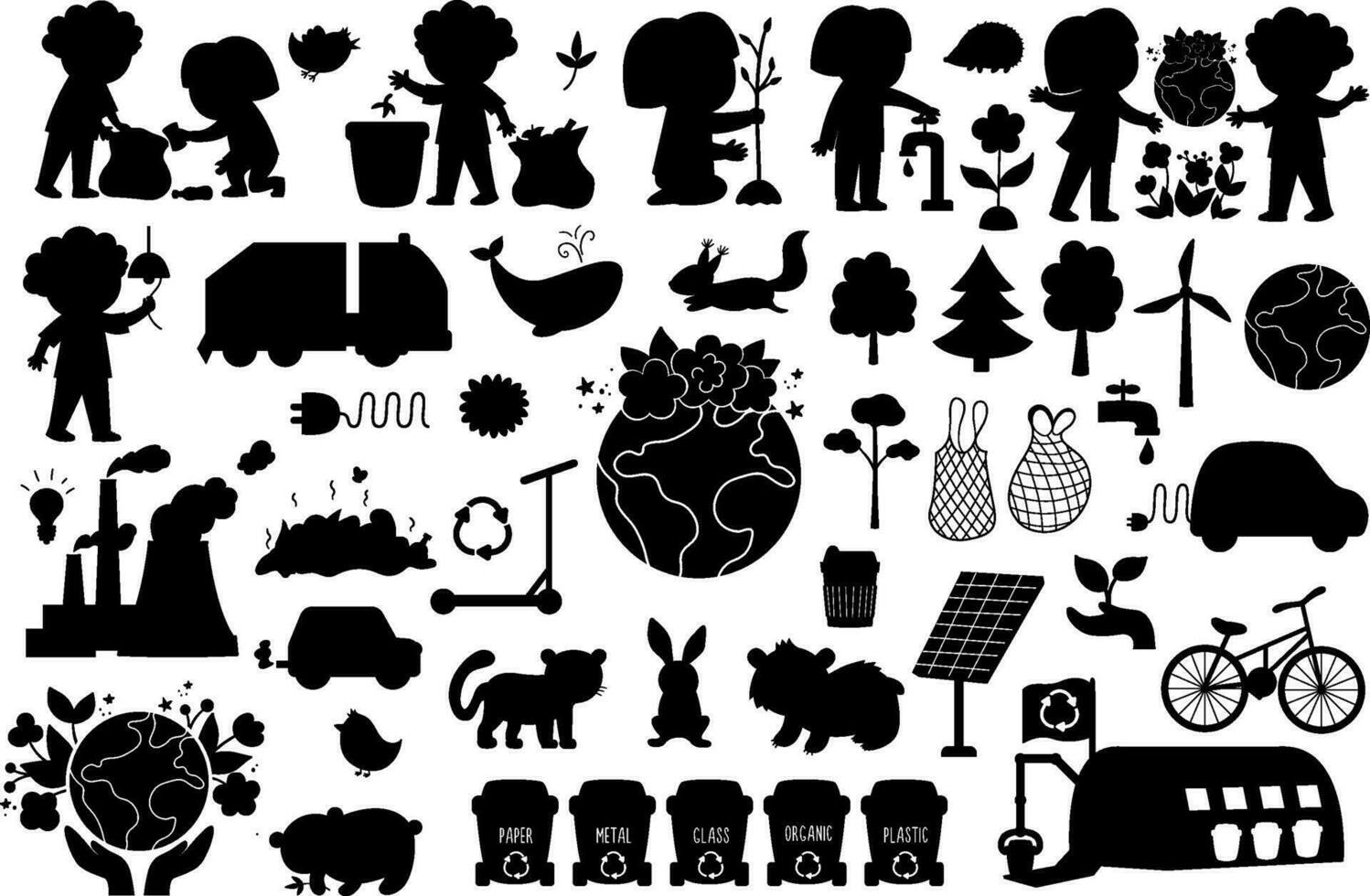 vector ecologisch silhouetten reeks voor kinderen. aarde dag schaduw tekening verzameling met schattig kinderen, planeet, verspilling recycling concept. milieu vriendelijk zwart stencils pak