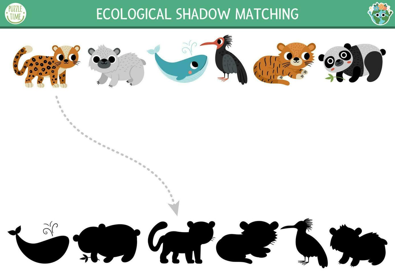 ecologisch schaduw bij elkaar passen werkzaamheid met bedreigd soorten. aarde dag puzzel. vind correct silhouet afdrukbare werkblad of spel. eco bewustzijn bladzijde voor kinderen met uitgestorven dieren vector