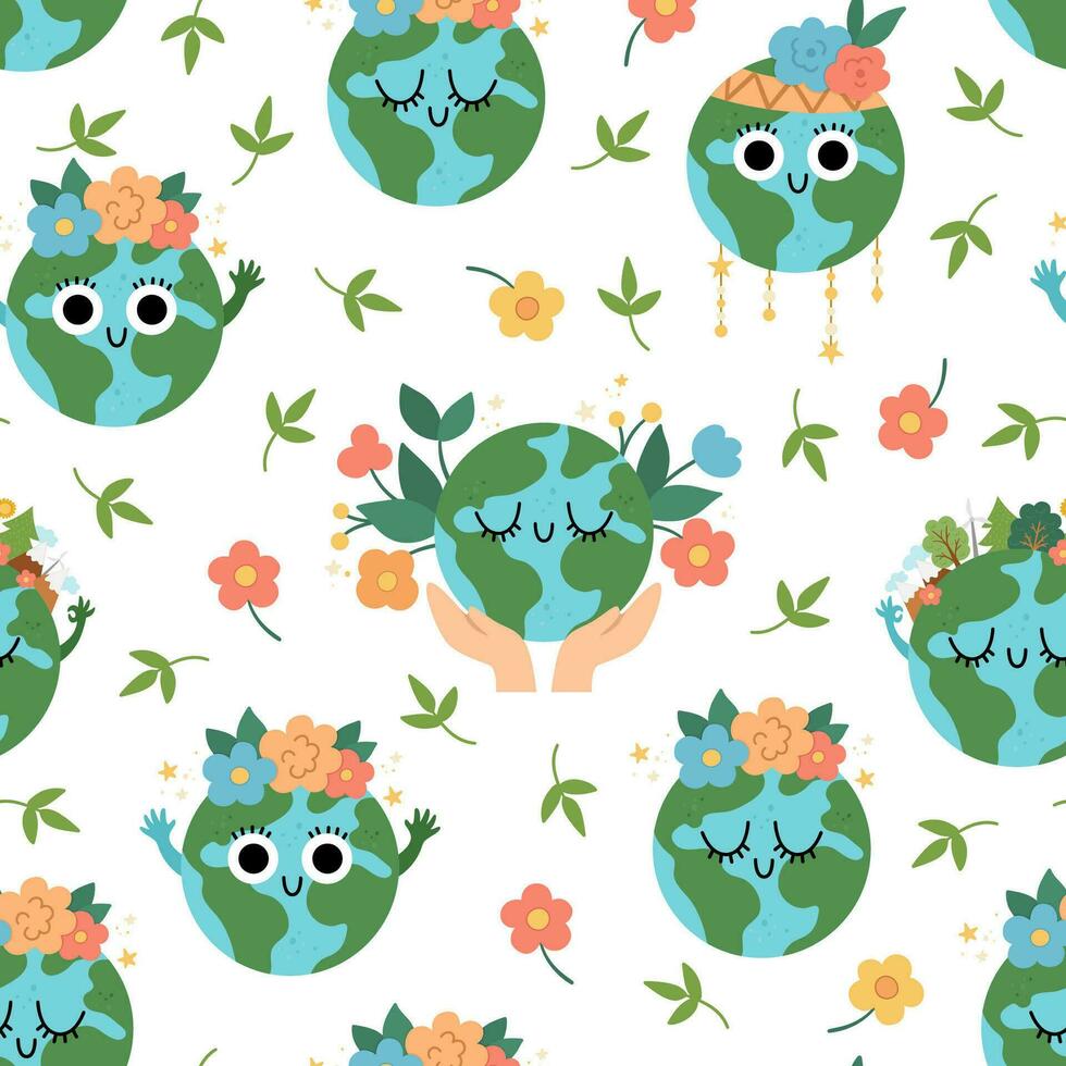 vector aarde naadloos patroon voor kinderen. aarde dag herhaling achtergrond met schattig kawaii glimlachen planeten. milieu vriendelijk digitaal papier met wereldbol en Woud. ecologisch concept