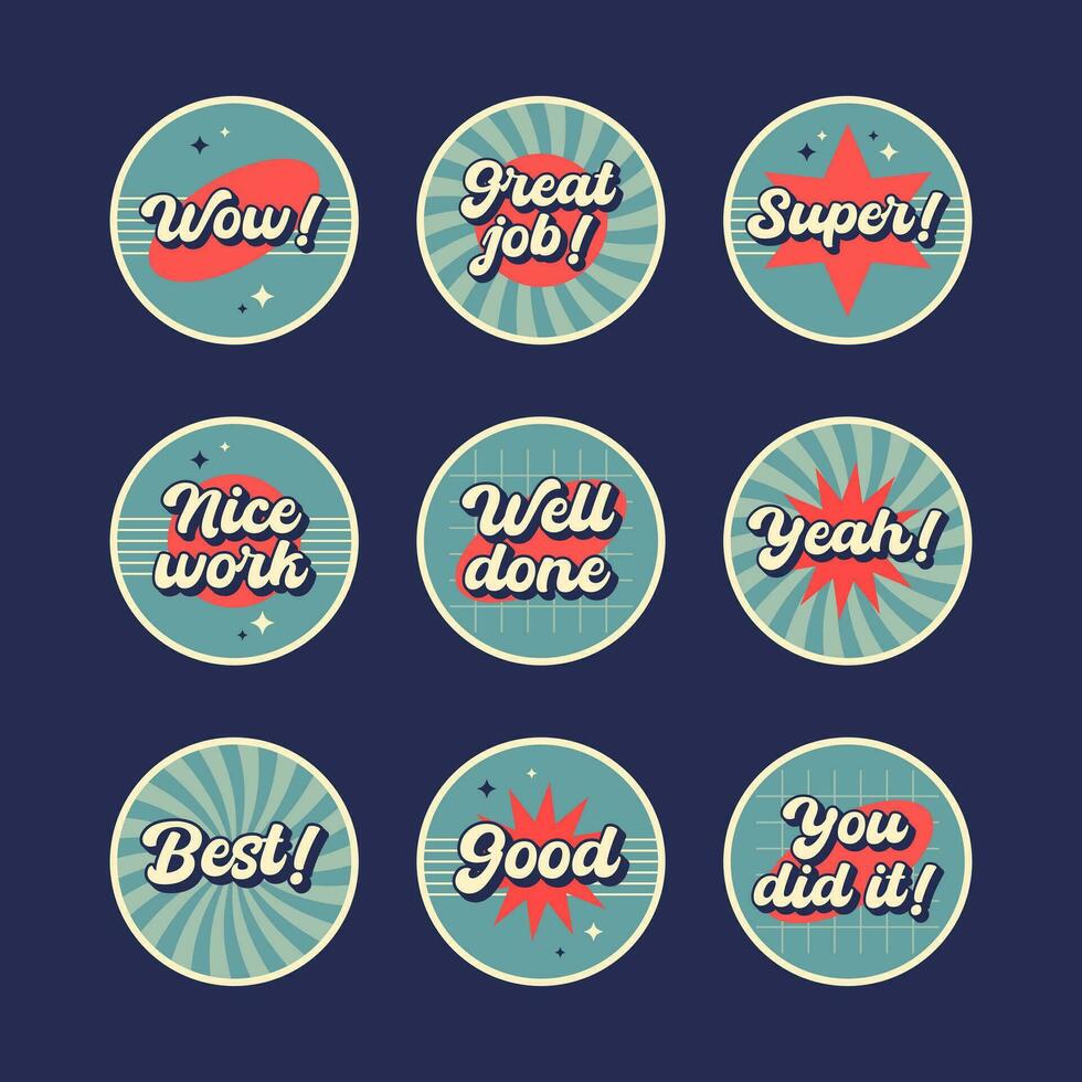 retro groovy insigne set. wijnoogst Super goed baan stickers vector