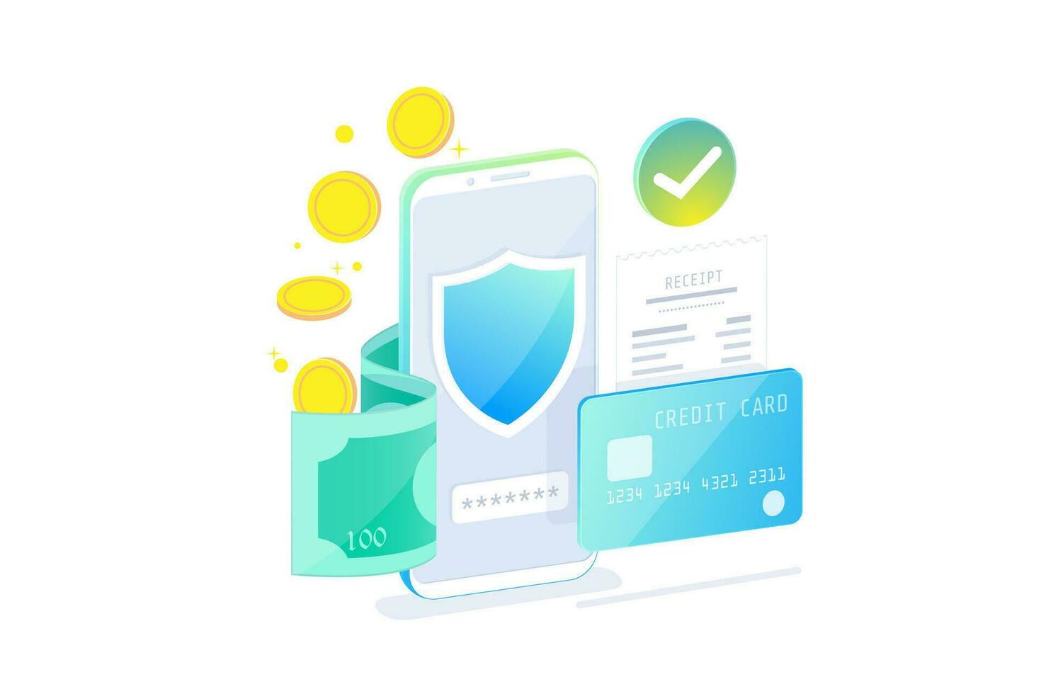 online mobiel bank en internet bank isometrische ontwerp concept , zonder contant geld samenleving, veiligheid transactie via credit kaart. vector