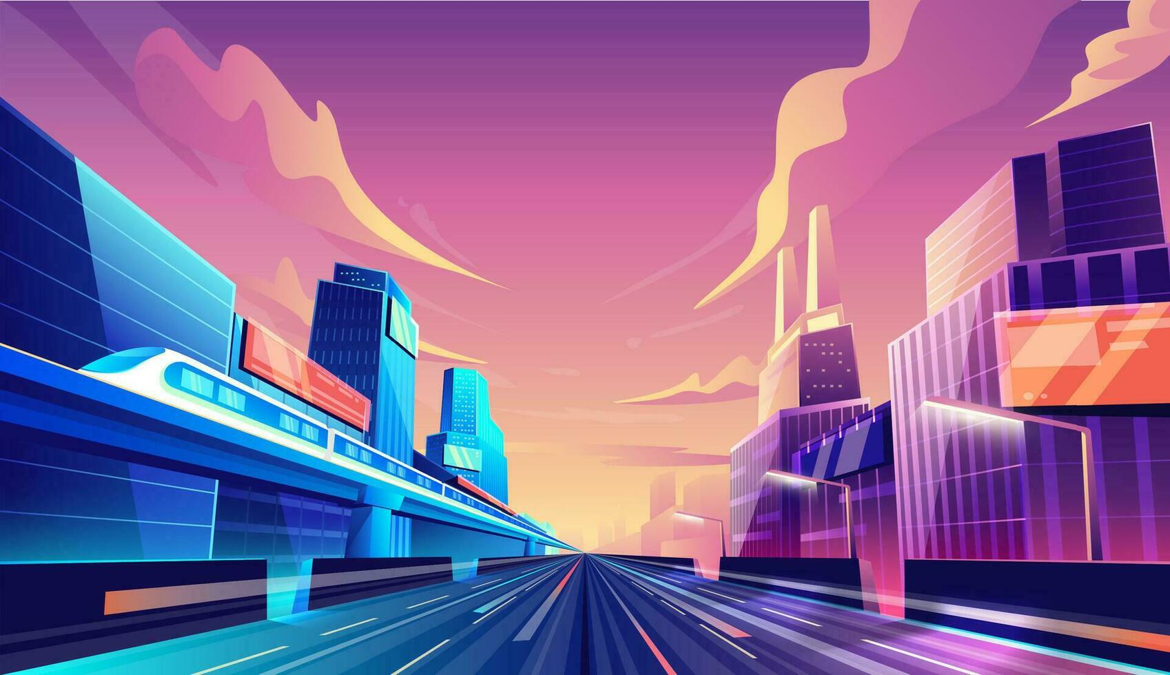 slim stad straat weg concept. stadsgezicht, wolkenkrabber gebouwen en trein achtergrond. vector illustratie.