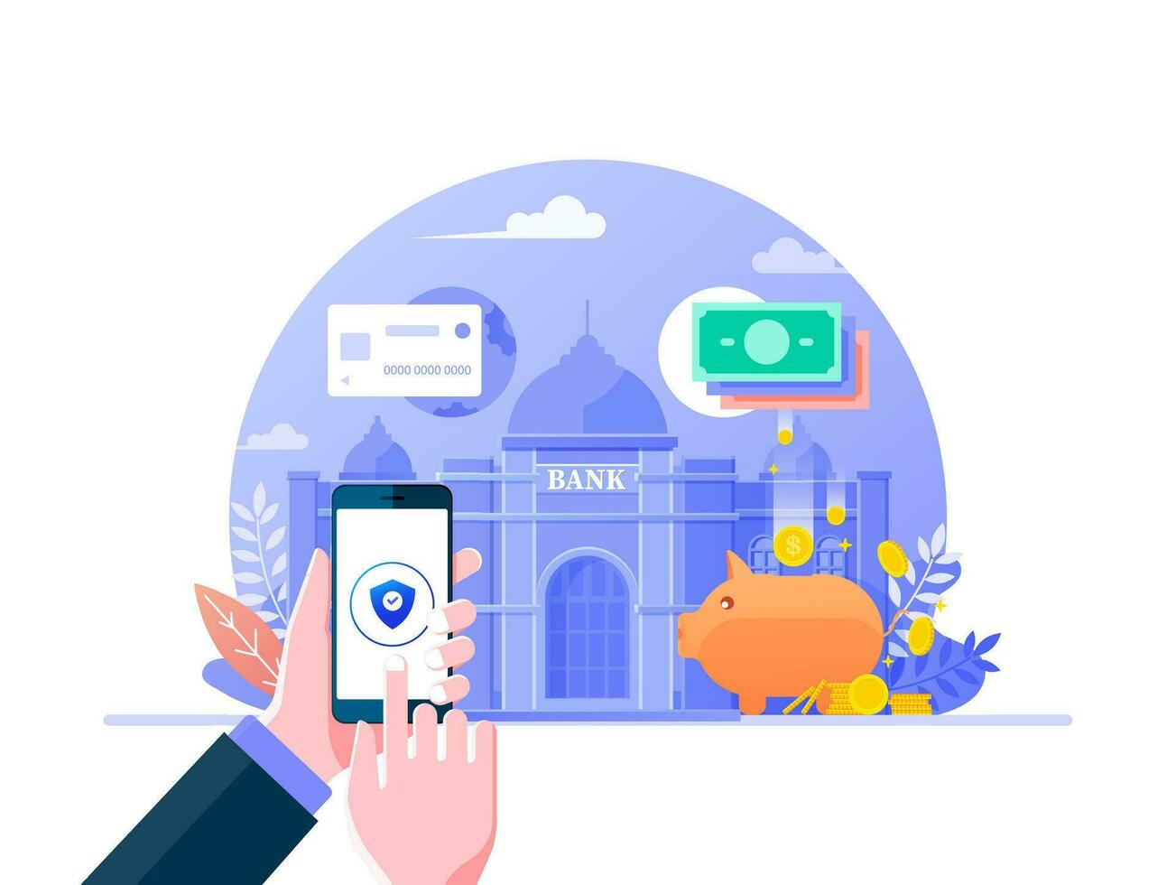 online mobiel bank vlak ontwerp voor web bladzijde spandoek. bedrijf financieel beheer, digitaal bank onderhoud FinTech concept. hand- Holding telefoon aan het doen internet bank achtergrond. vector illustratie.