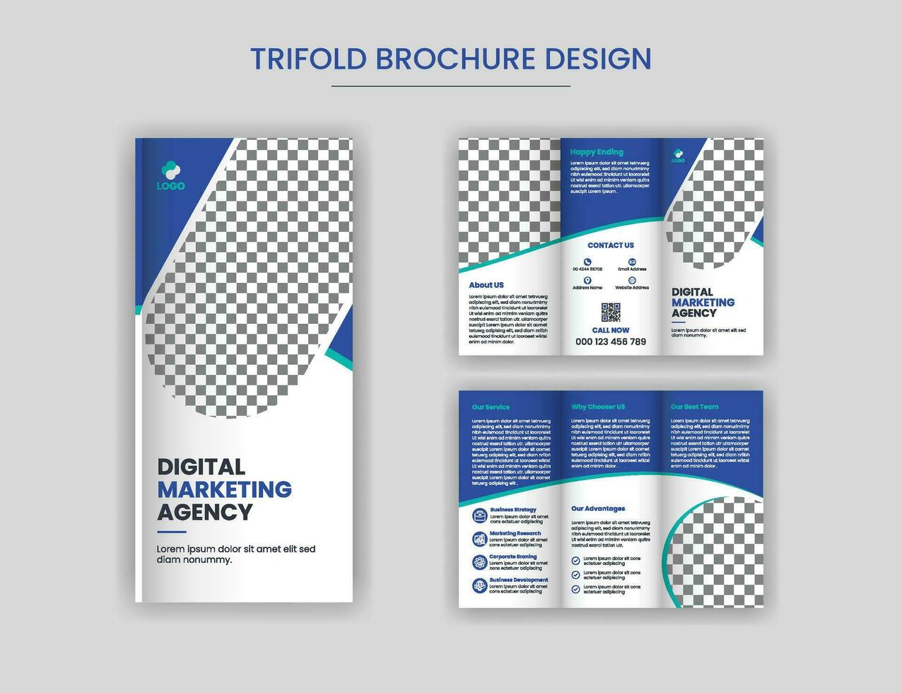 creatief zakelijke bedrijf drievoud brochure ontwerp, professioneel tri vouwen brochure ontwerp lay-out met blauw kleur pro vector. vector