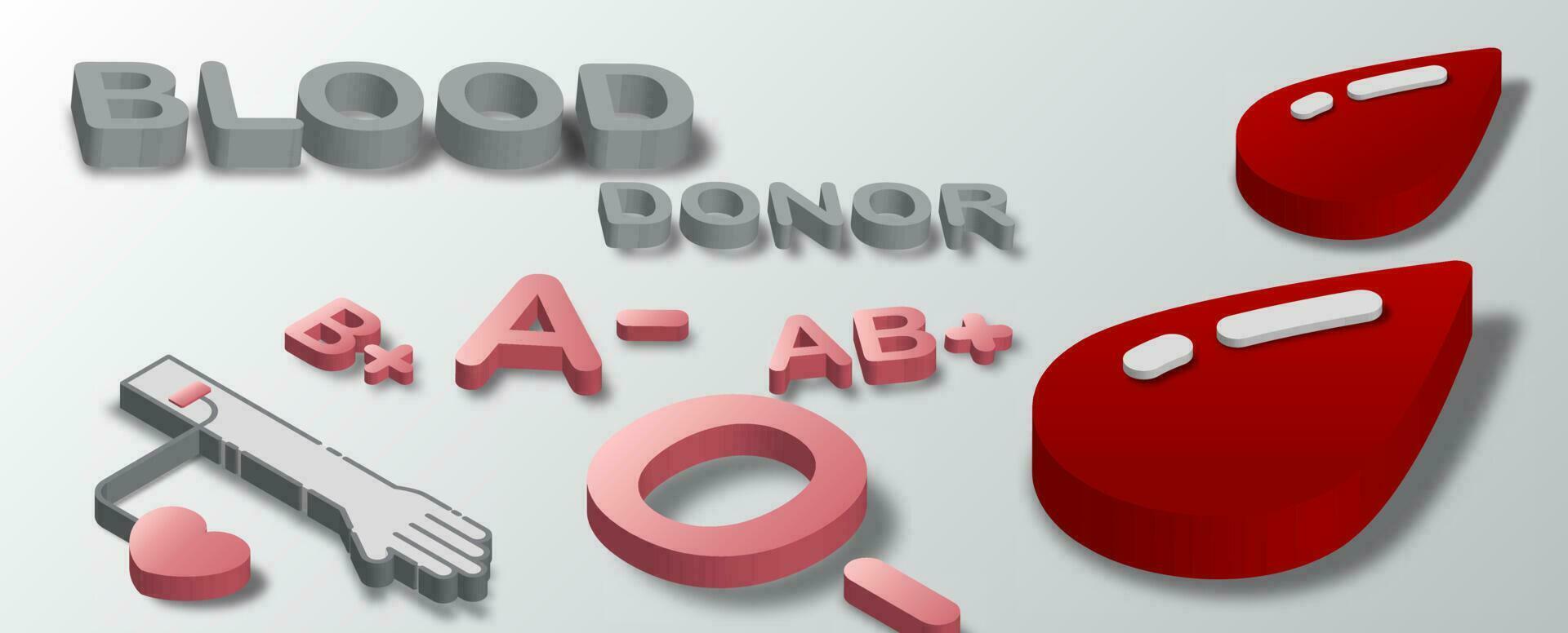 bloed bijdrage icoon met bloed type en bloed schenker belettering in isometrische 3d stijl Aan wit helling achtergrond. vector