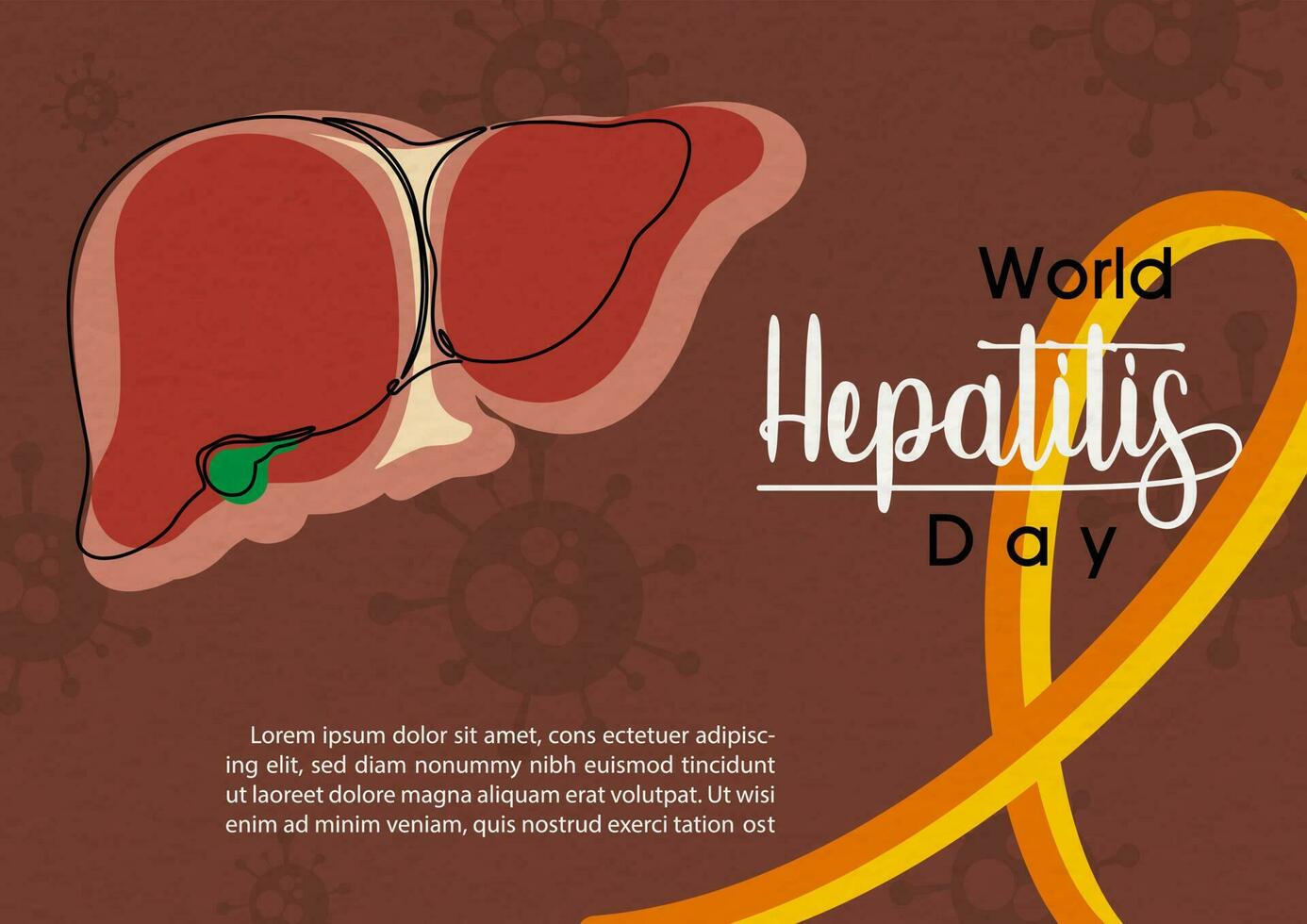 menselijk lever in een lijn stijl met wereld hepatitis dag campagne's formulering en voorbeeld teksten Aan een reus campagne lint en bruin achtergrond. vector