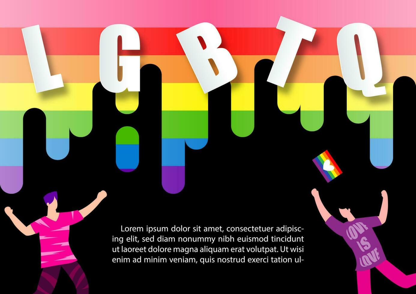 volkeren dansen gelukkig Aan 7 kleuren bar van trots vlag met lgbtq wit brieven en voorbeeld teksten Aan zwart achtergrond. vector