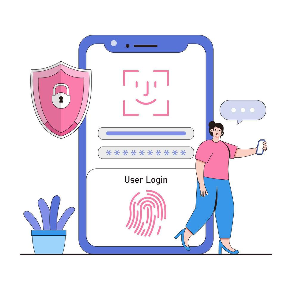 biometrisch authenticatie vector illustratie concept met karakters. vingerafdruk herkenning, gelaats herkenning, beveiligen toegang controle. modern vlak stijl voor landen bladzijde, web banier, infographics