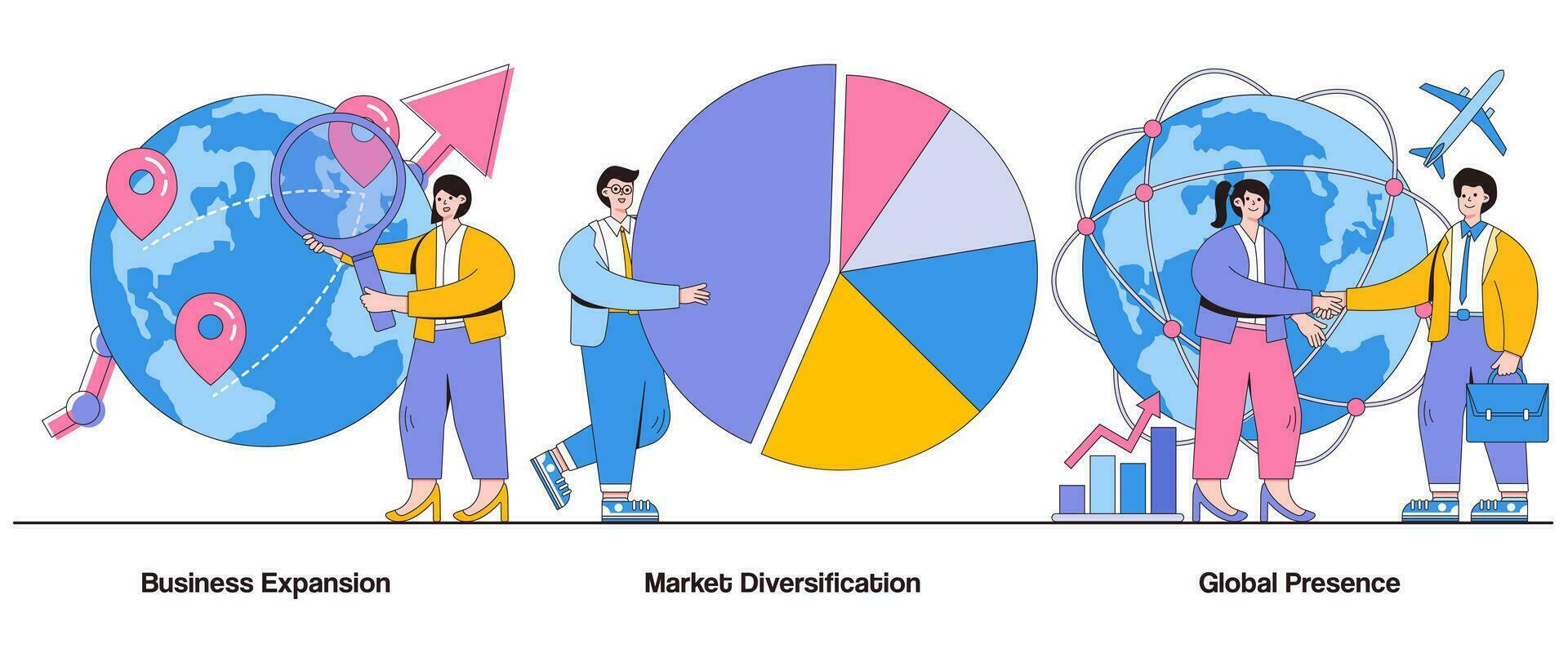 bedrijf uitbreiding, markt diversificatie, globaal aanwezigheid concept met karakter. bedrijf groei strategie abstract vector illustratie set. markt penetratie, nieuw markt binnenkomst metafoor