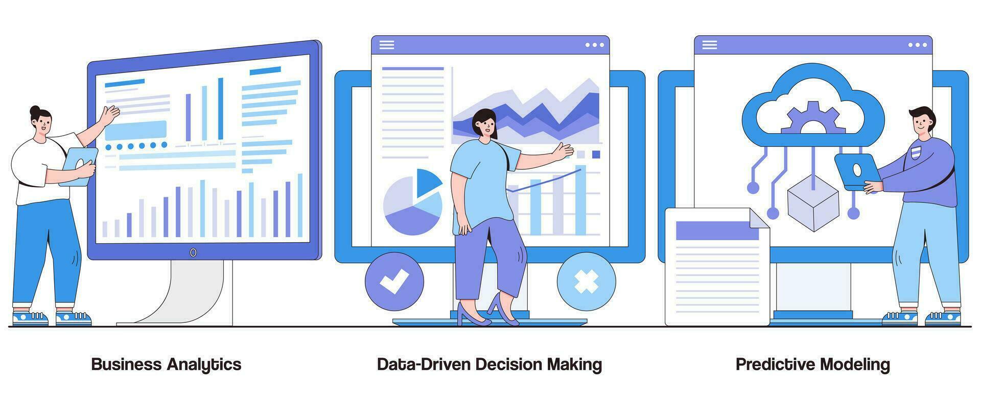 bedrijf analyse, datagedreven besluit maken, voorspellend modellering concept met karakter. gegevens analyse abstract vector illustratie set. inzichten extractie, gegevens visualisatie metafoor