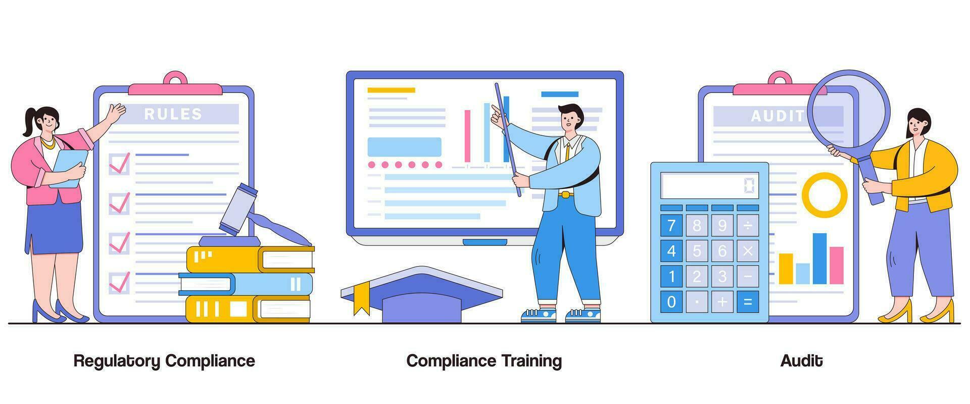 regelgevende naleving, nakoming opleiding, audit concept met karakter. zakelijke bestuur abstract vector illustratie set. regelgevende aanhankelijkheid, het beleid opleiding, audit spoor metafoor