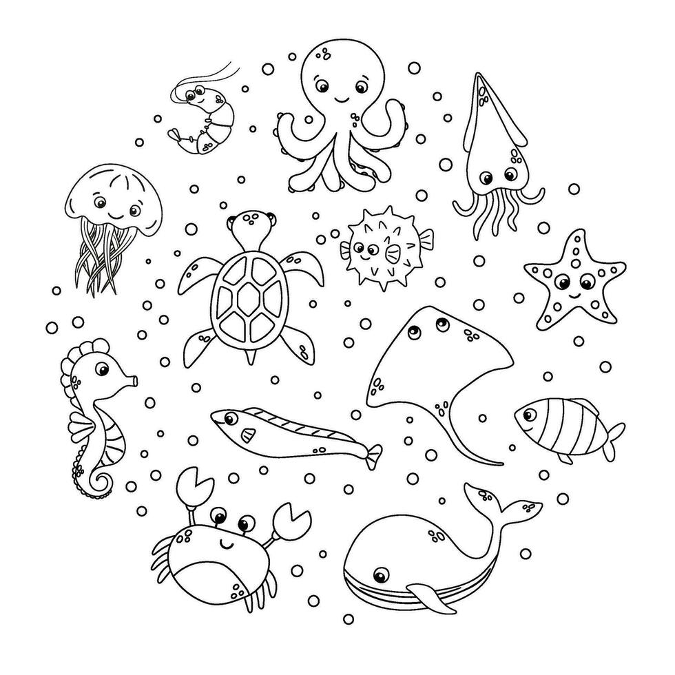 vector schattig vis en wild marinier dieren cirkel verzameling in vlak stijl. reeks van oceaan en zee leven