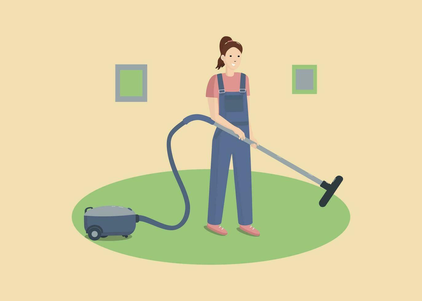 jong vrouw, een meisje in overall werken schoonmaak vacuüm schoner. huis en kantoor schoonmaak Diensten, werk, beroep. huishouden huishoudelijke apparaten. vector illustratie, achtergrond geïsoleerd.