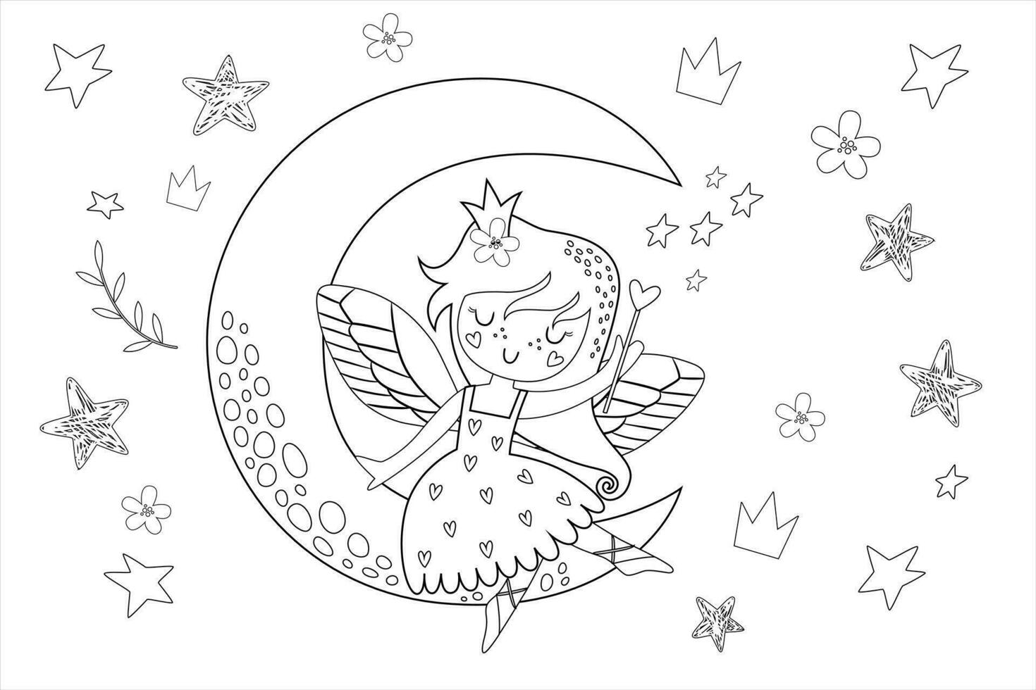 schattig prinses fee met een sprookjesland vector tekenfilm geïsoleerd sprookje illustratie. kleur boek bladzijde voor kinderen met kleurrijk sjabloon