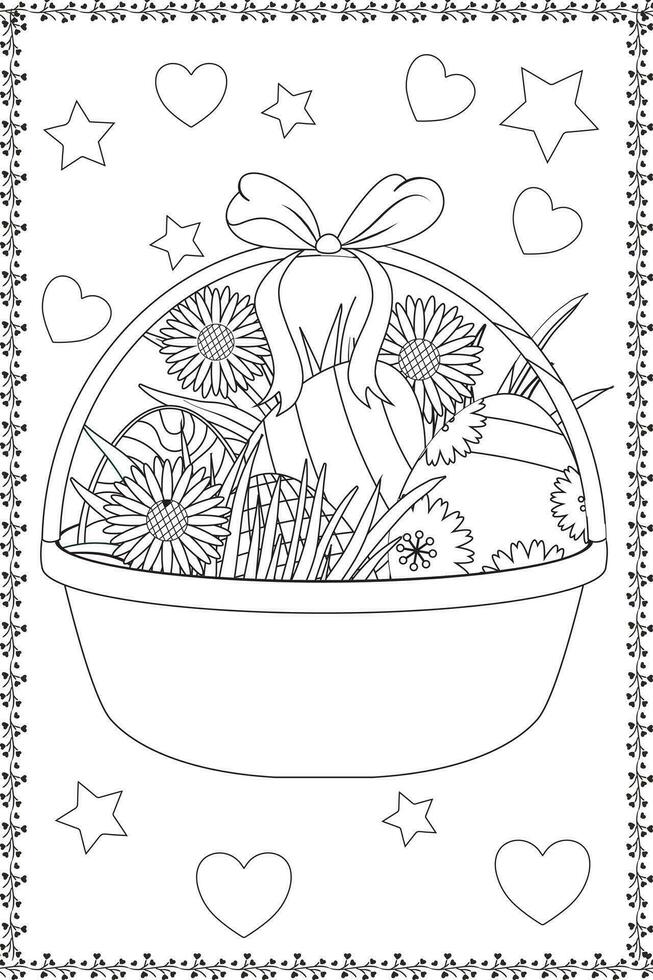 schattig Pasen mand met geschilderd eieren en bloemen illustratie, kleur boek bladzijde voor kinderen vector