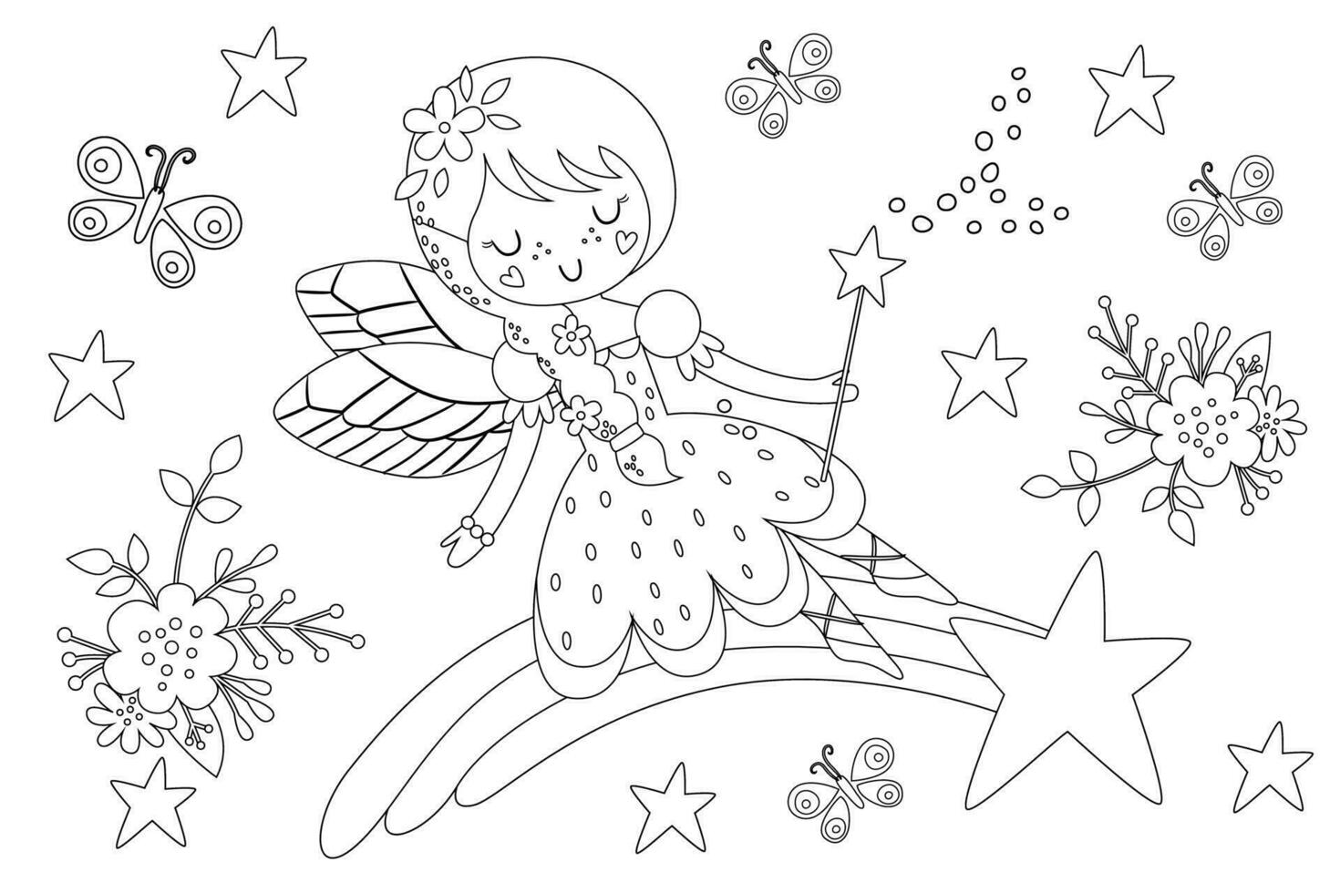 schattig prinses fee met een sterren en bloem vector tekenfilm geïsoleerd sprookjes illustratie. kleur boek bladzijde voor kinderen met kleurrijk sjabloon