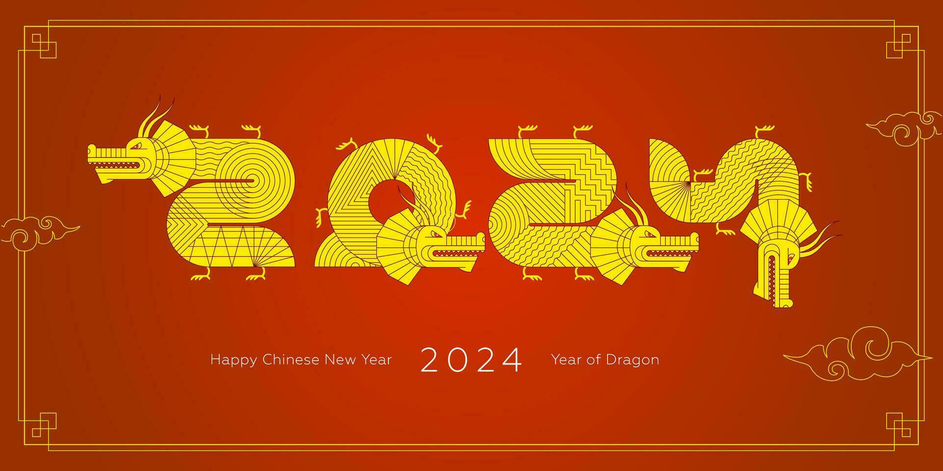 2024 meetkundig Chinese gelukkig nieuw jaar draken rood spandoek. goud abstract China dierenriem dier draak. Aziatisch modern vormen met lineair decor logo. kader sjabloon voor vector oosters kalender of poster