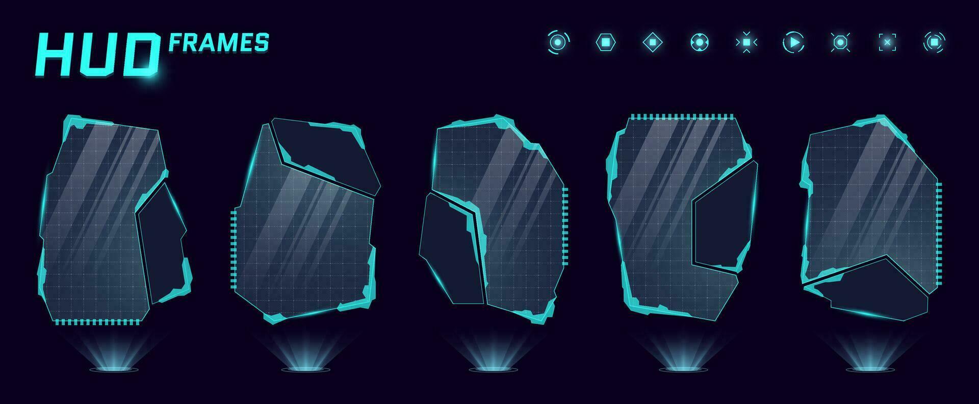 hud digitaal futuristische gebruiker koppel kozijnen. sci fi hoog tech uitroepen paneel set. ux ui gaming menu aanraken dashboard controle schermen. cyber ruimte hoofd omhoog Scherm fui of gui informatie vector tekens
