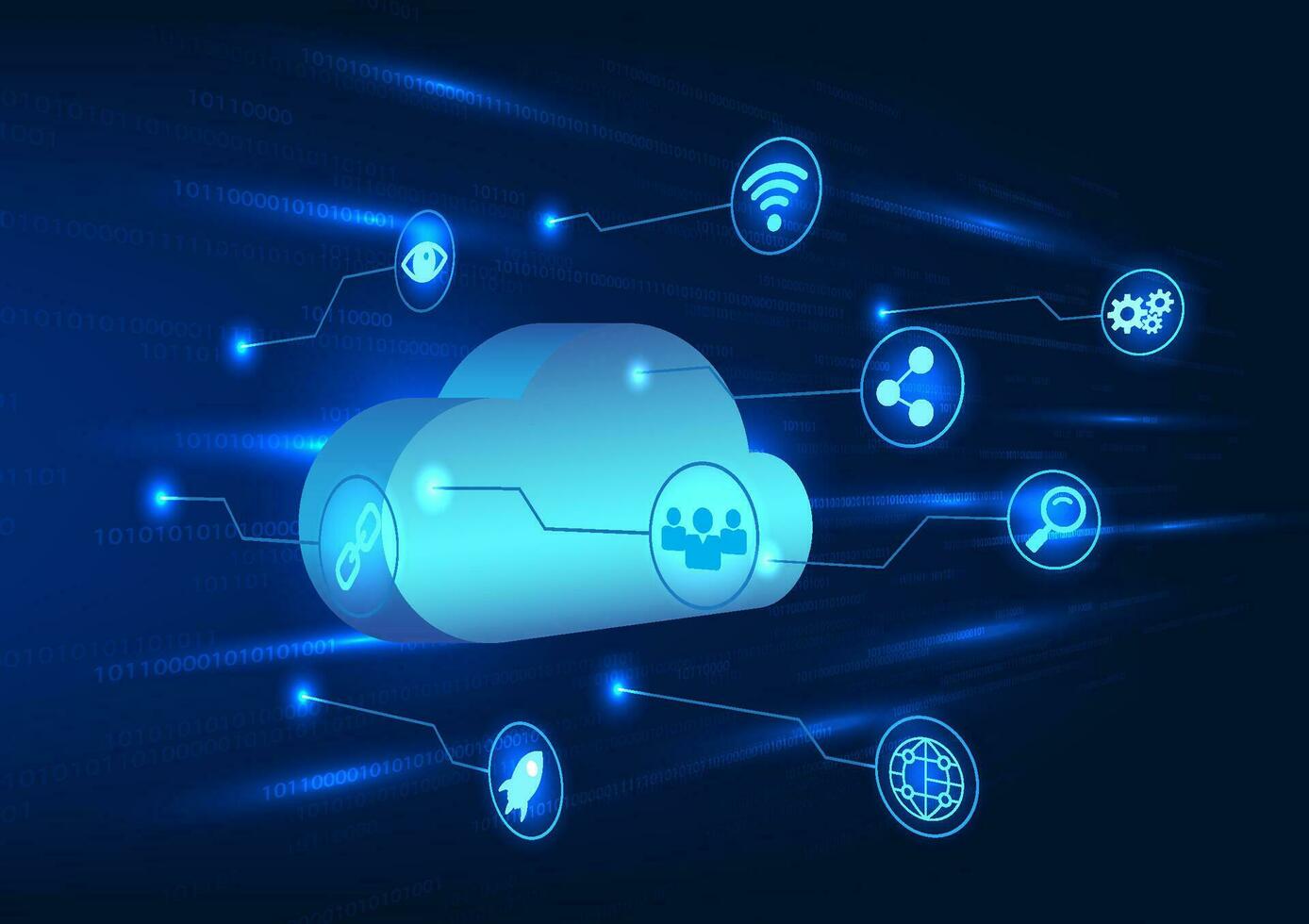 slim technologie stroomkring verbonden naar wolk technologie dat stuurt gegevens door een beveiligen internet systeem Aan de terug is een numeriek code dat loopt langs met Verbinden de technologie naar de wolk systeem vector