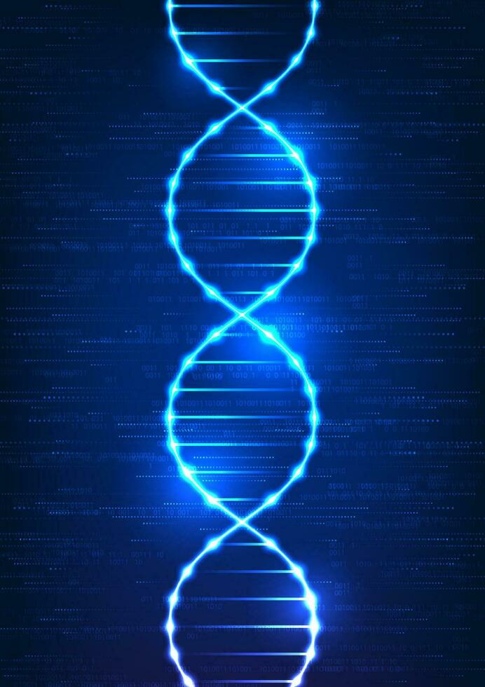 Ontdek de vraagt zich af van medisch technologie door een boeiend dna behang. duiken in de ingewikkeld dna structuur temidden van een donker blauw achtergrond, vergezeld door een mysterieus rennen aantal code. vector