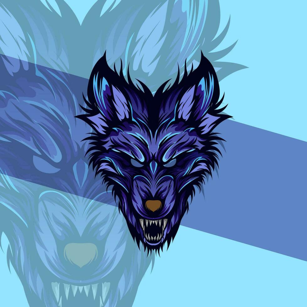 gemeen wolf hoofd detail illustratie mascotte agressief brullen in midden nacht vector