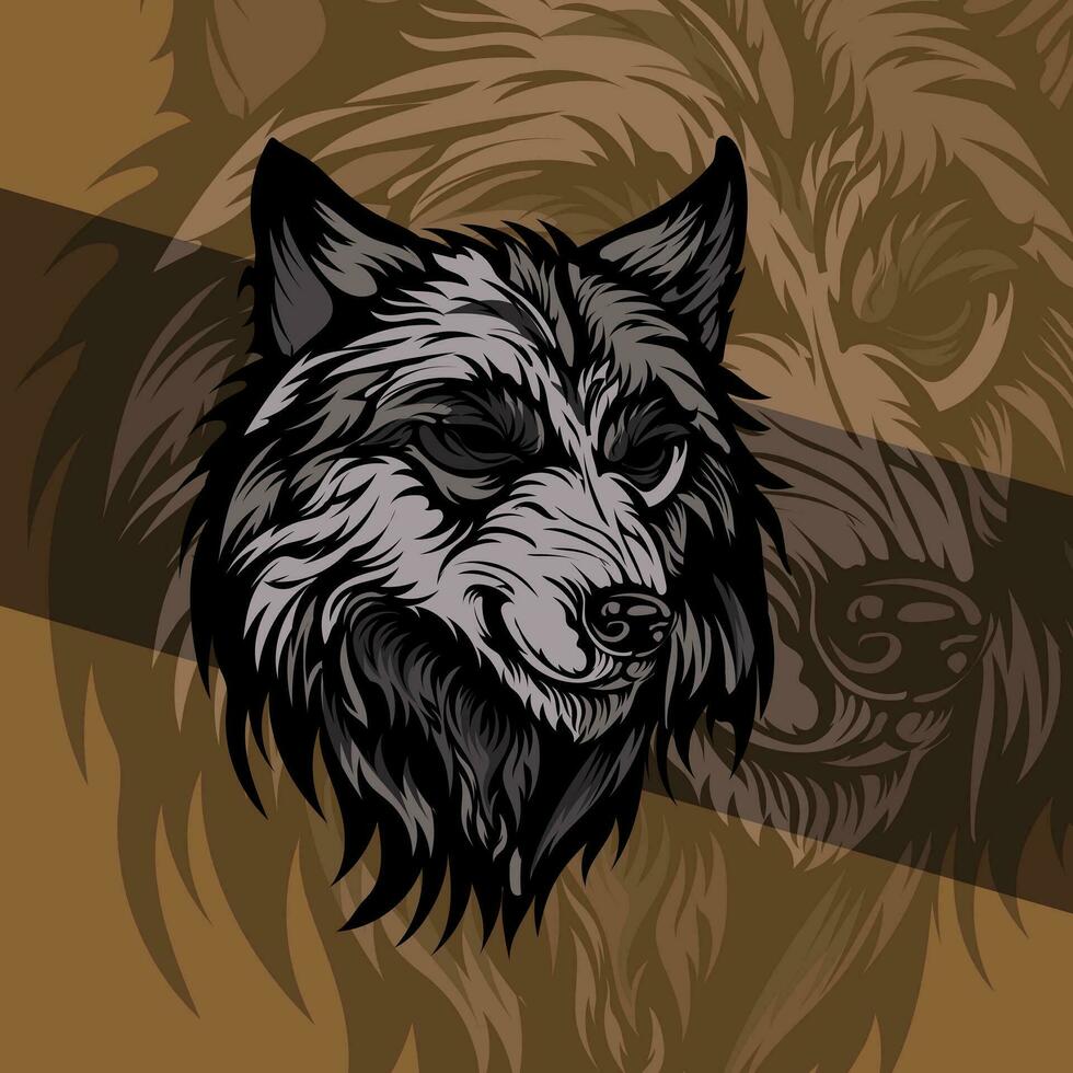 gemeen wolf hoofd detail illustratie mascotte agressief brullen in midden nacht vector