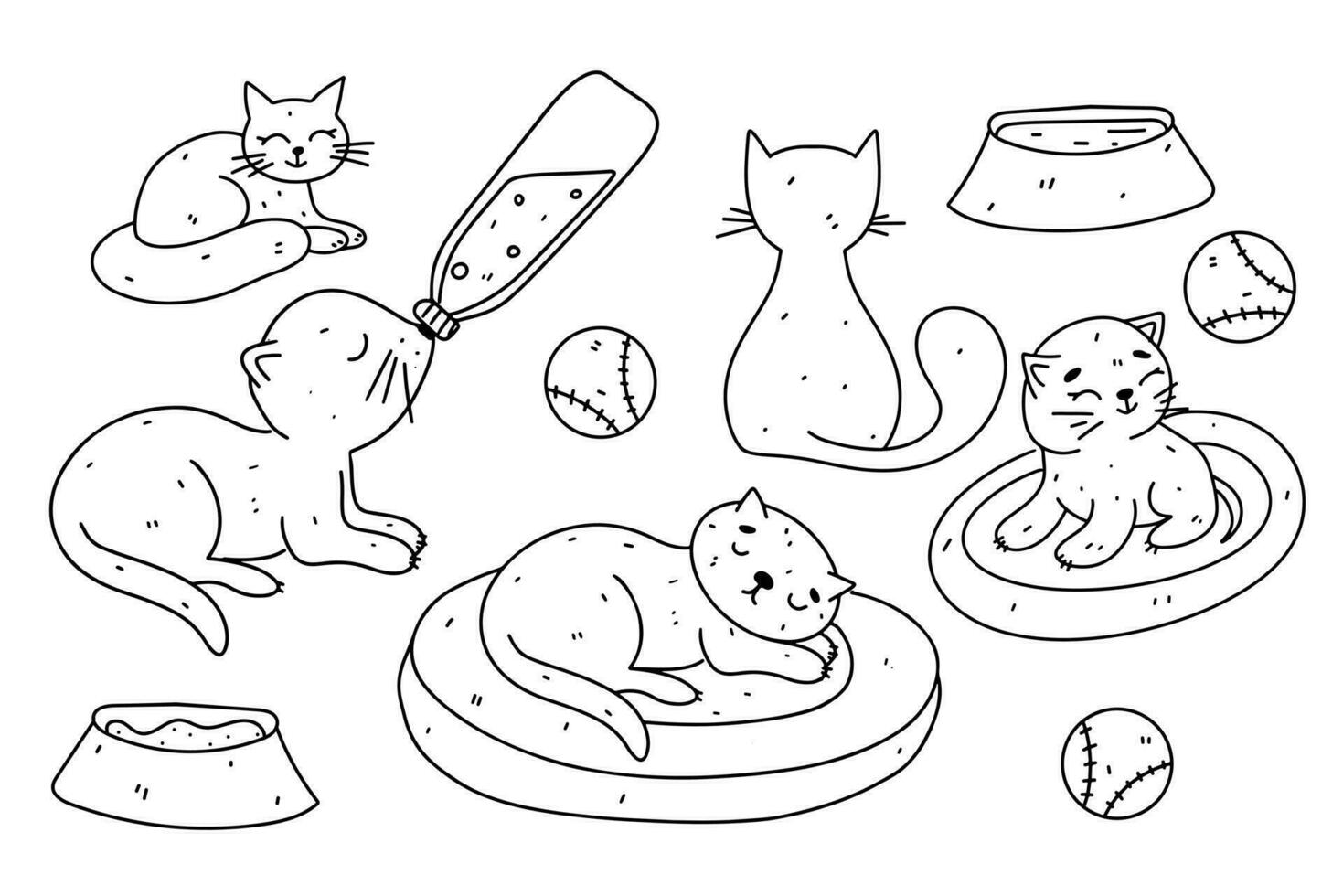 katten verpleging set. hand- getrokken tekening stijl. verpleging een dier. vector illustratie geïsoleerd Aan wit. kleur bladzijde.