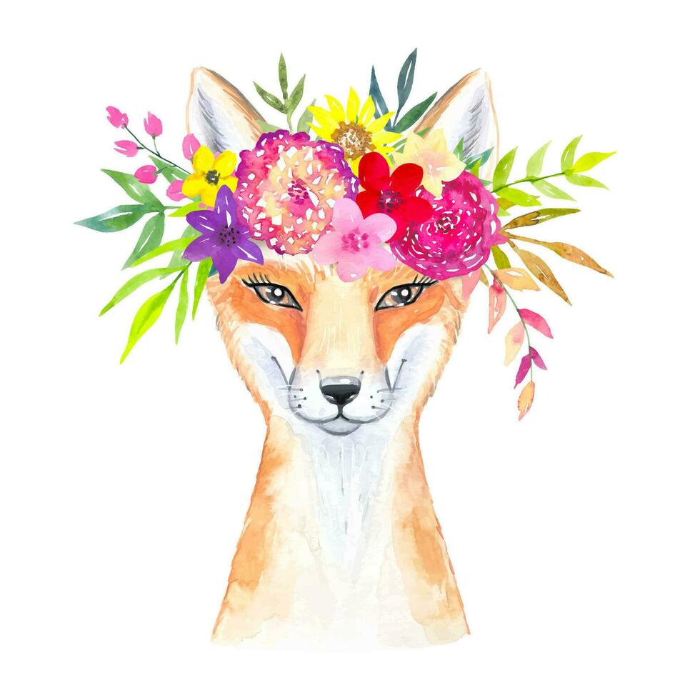 vos met helder bloemen Aan haar hoofd, waterverf vector