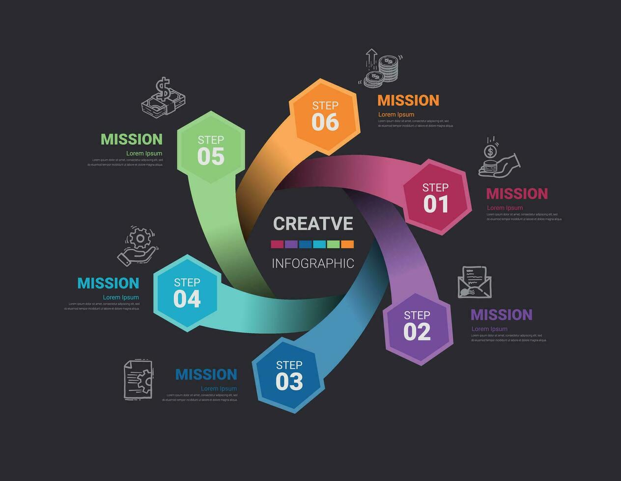 cirkel infographics elementen ontwerp met getallen 6 keuze. kan worden gebruikt voor workflow lay-out, diagram, aantal stap omhoog opties. vector