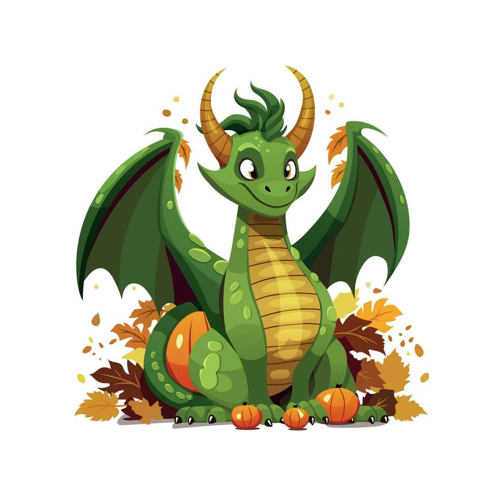 draak karakter tekenfilm. herfst draak met pompoenen en bladeren. symbool van de nieuw jaar 2024. groen draak. vector