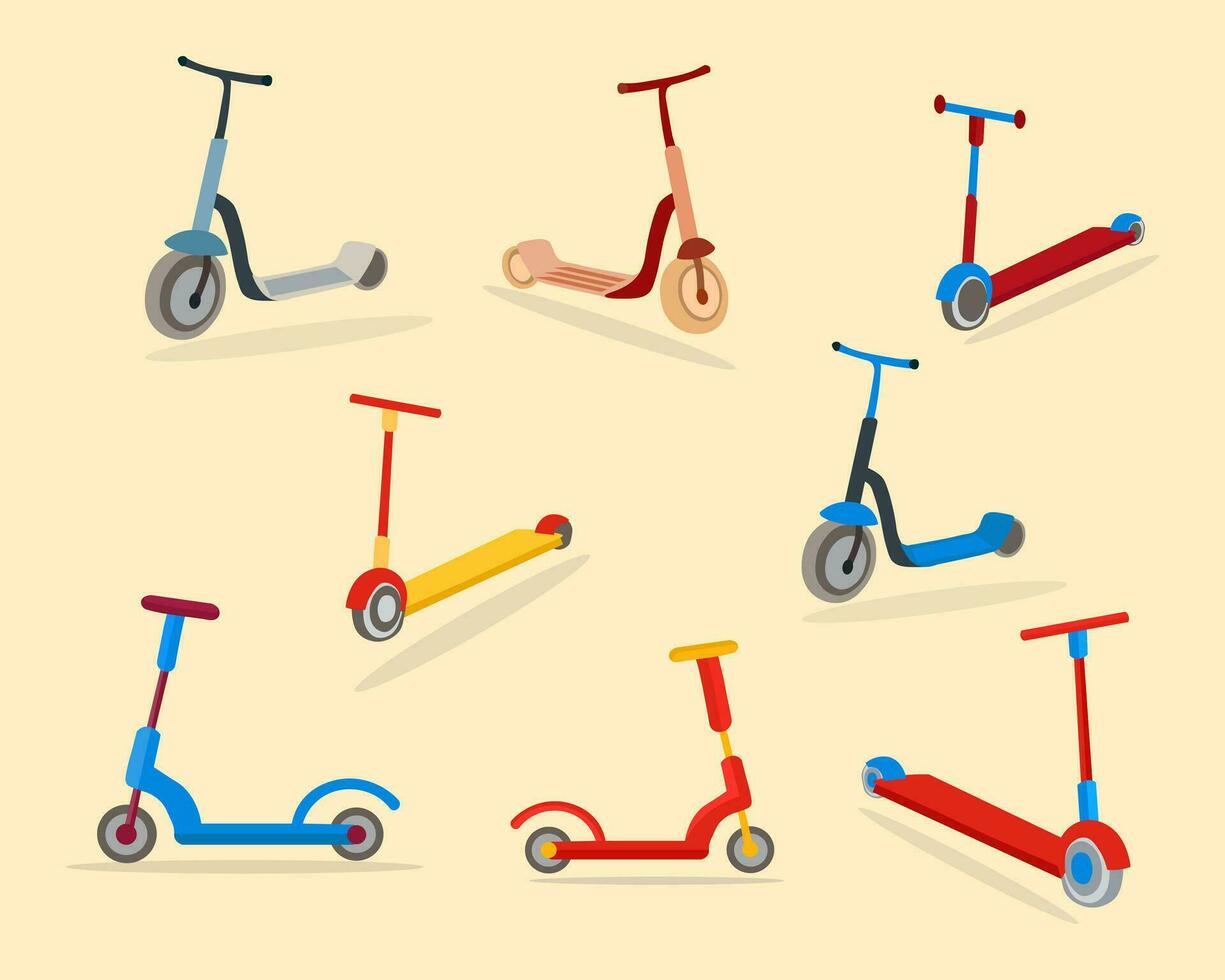 reeks van scooter fiets illustratie reeks met minimaal ontwerp. reeks van vervoer voor voorjaar scooters fiets, vector vervoer verzameling fiets geïsoleerd Aan wit achtergrond.