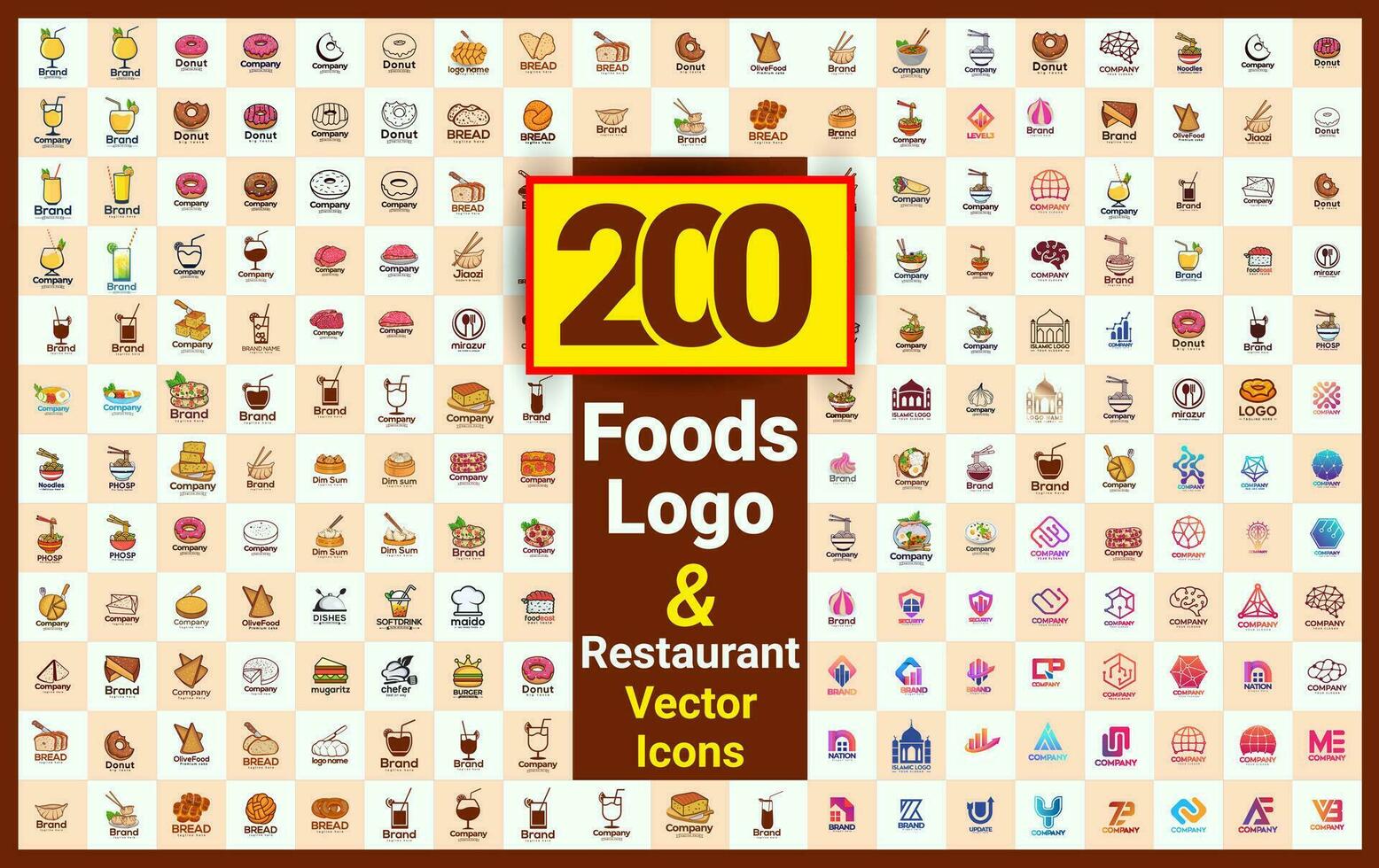 200 plus restaurant voedingsmiddelen illustratie logo collecties, premie voedsel winkel producten, en badges icoon verzameling voor voedsel markt. voedingsmiddelen Koken elementen met hoge kwaliteit voedsel en drinken vector