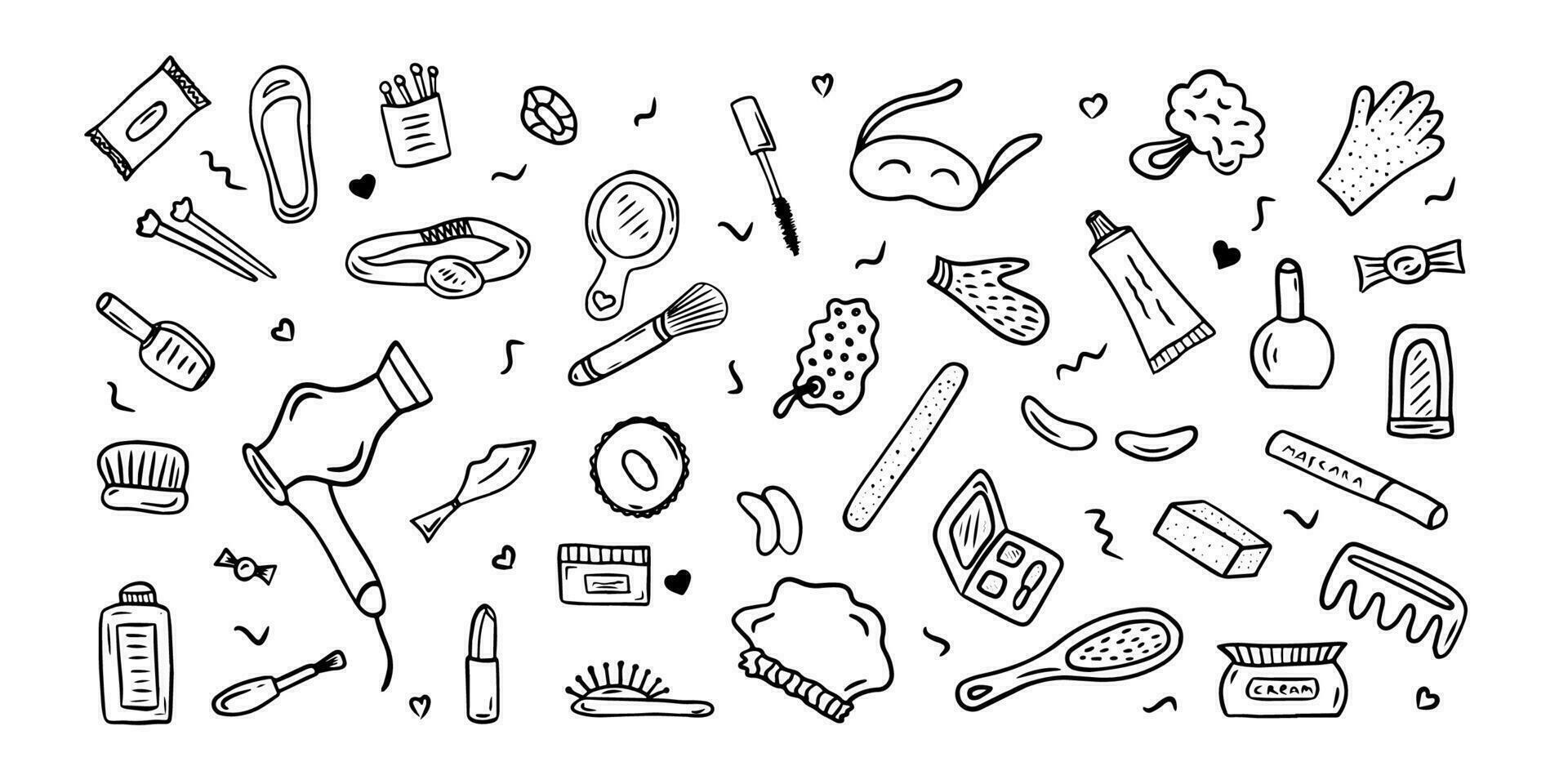 maken omhoog en schoonheid Dames accessoires set. hand- getrokken kunstmatig krabbels. vector illustratie. het beste voor gebruik makend van in schoonheid en zelfzorg