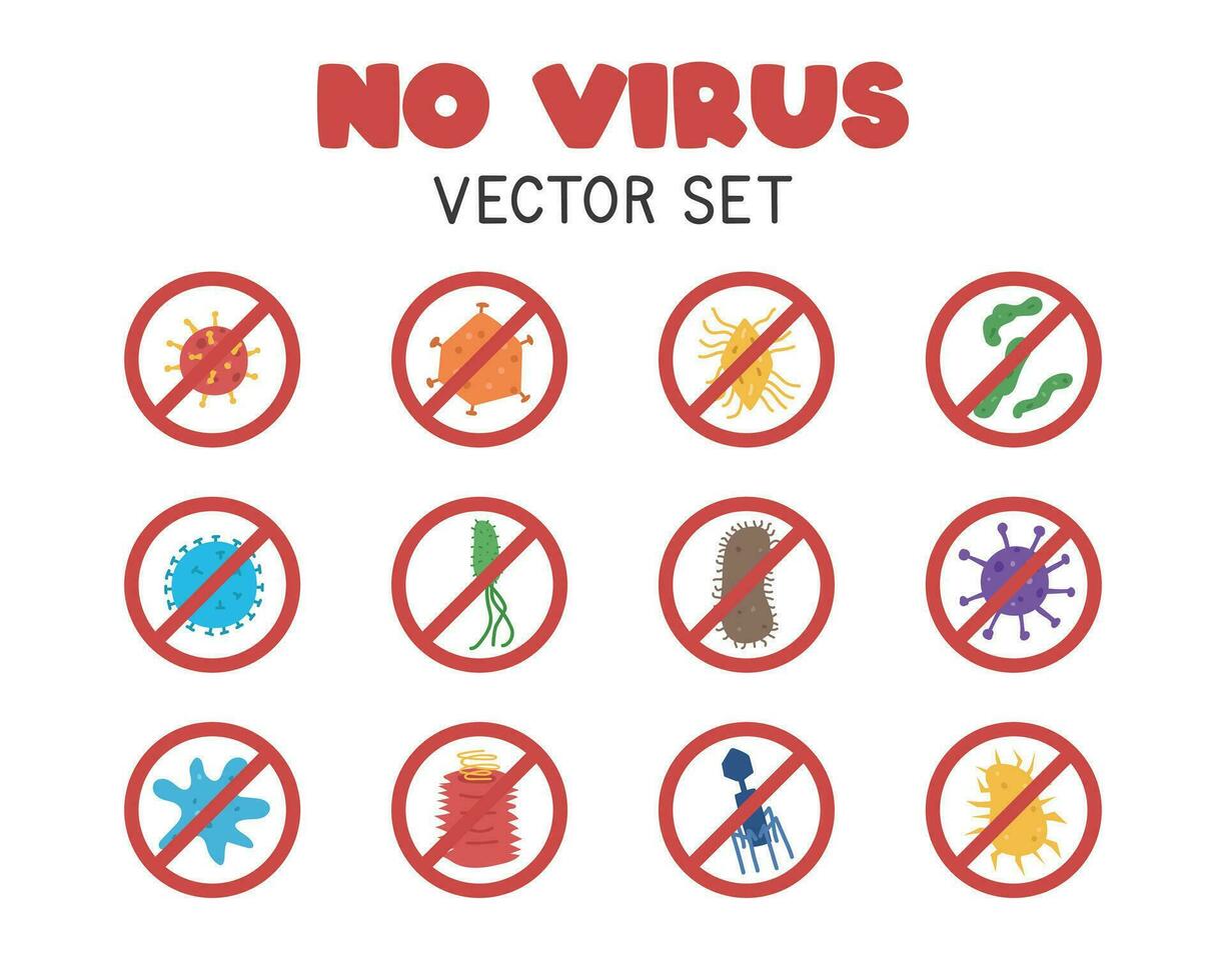 Nee virus vector set. kleurrijk virus, bacteriën, en kiemen met verboden teken clip art tekenfilm vlak stijl, hand- getrokken tekening. ziekenhuis en medisch concept