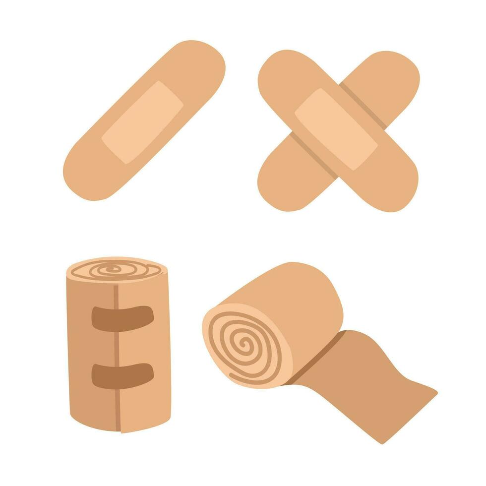 medisch plakken gips clip art tekenfilm stijl. eerste steun elementen plakken gips voor blaar lap vlak vector illustratie hand- getrokken tekening. beige Zelfklevend verband. ziekenhuis, medisch concept