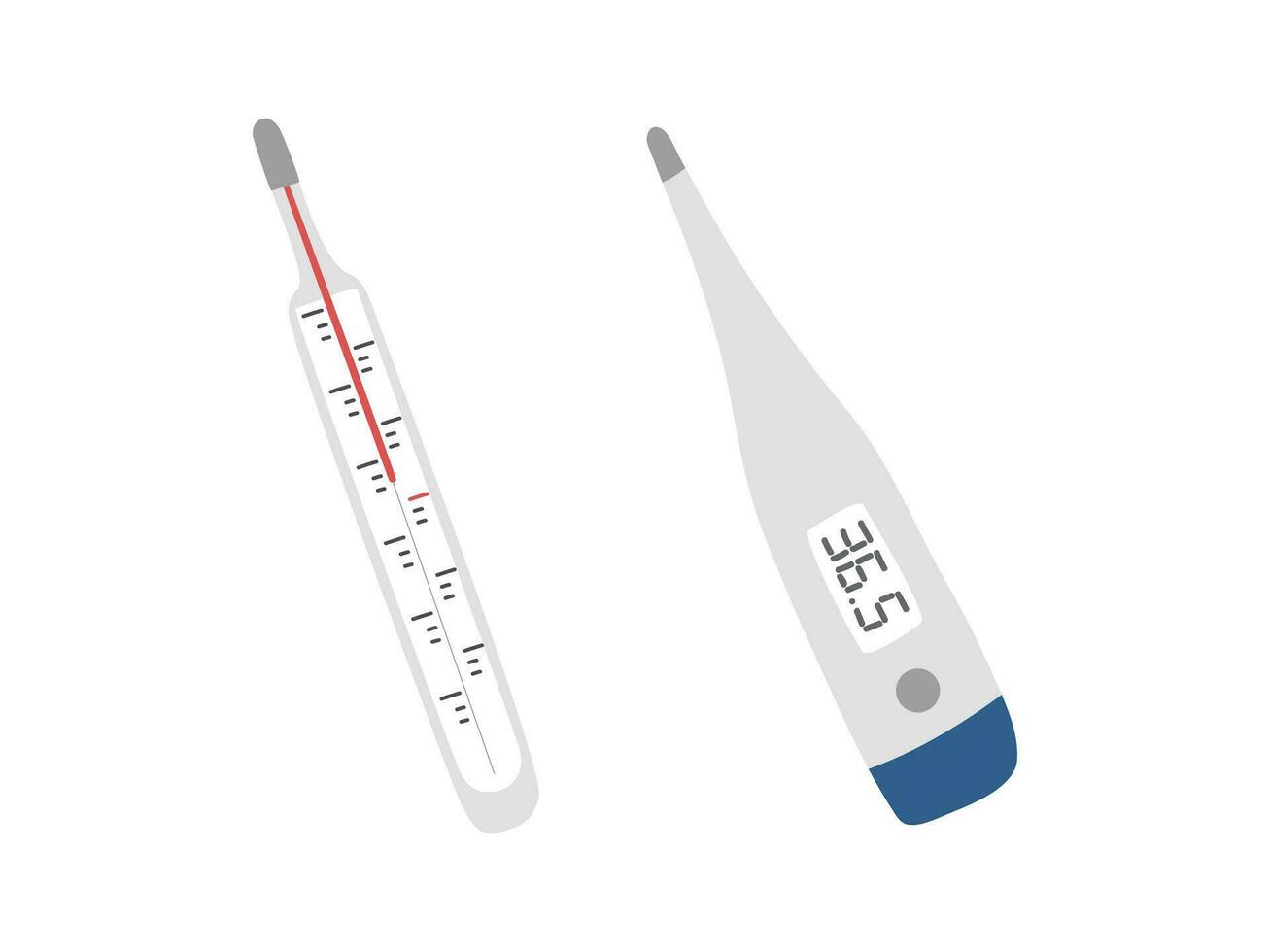 medisch thermometer clip art tekenfilm stijl. elektronisch en mercurial thermometer vlak vector reeks illustratie hand- getrokken tekening stijl. temperatuur meting uitrusting klem kunst. ziekenhuis concept