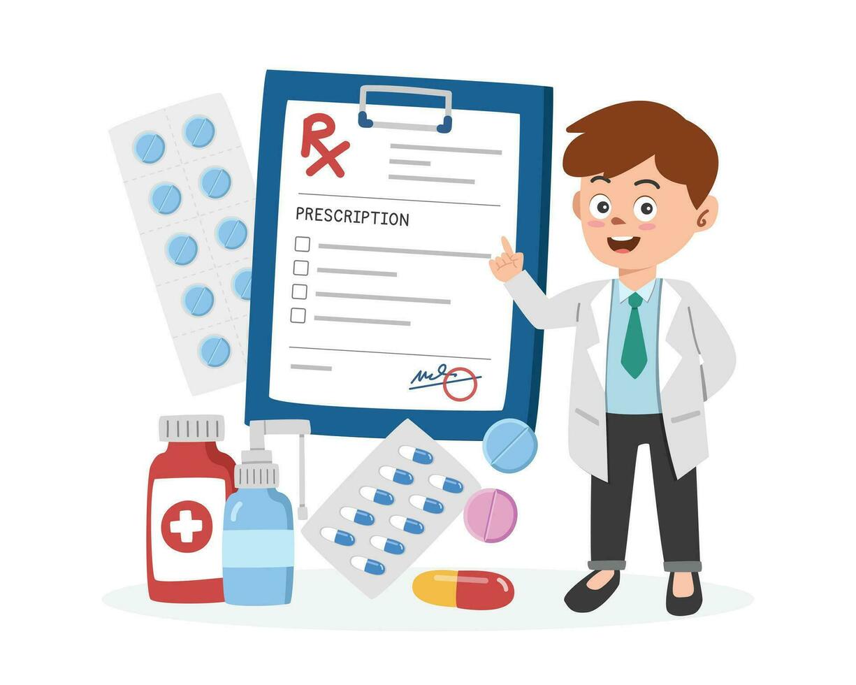 dokter en rx clip art tekenfilm stijl. dokter geeft de rx medisch voorschrift klembord met mecidines vlak vector illustratie. fles, pillen, tablet, capsule. ziekenhuis, medisch, apotheek concept