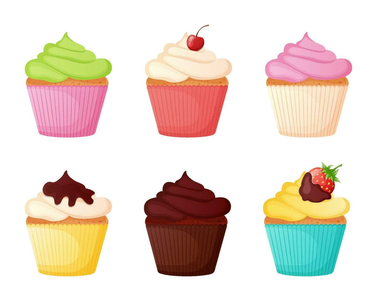 reeks van verschillend kleur room cupcakes met kers en aardbei in chocola decoratie. vector