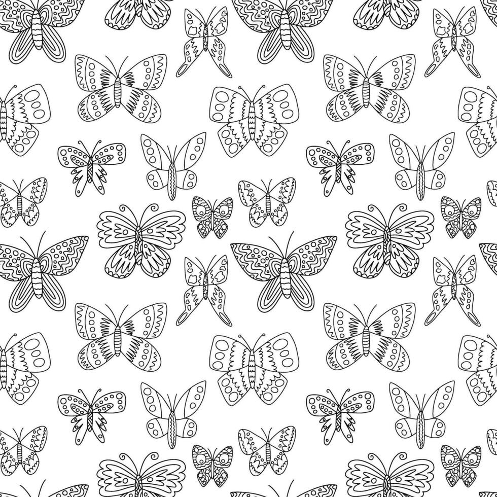 vector vlinders naaister patroon. hand- getrokken vlinder zwart en wit patroon