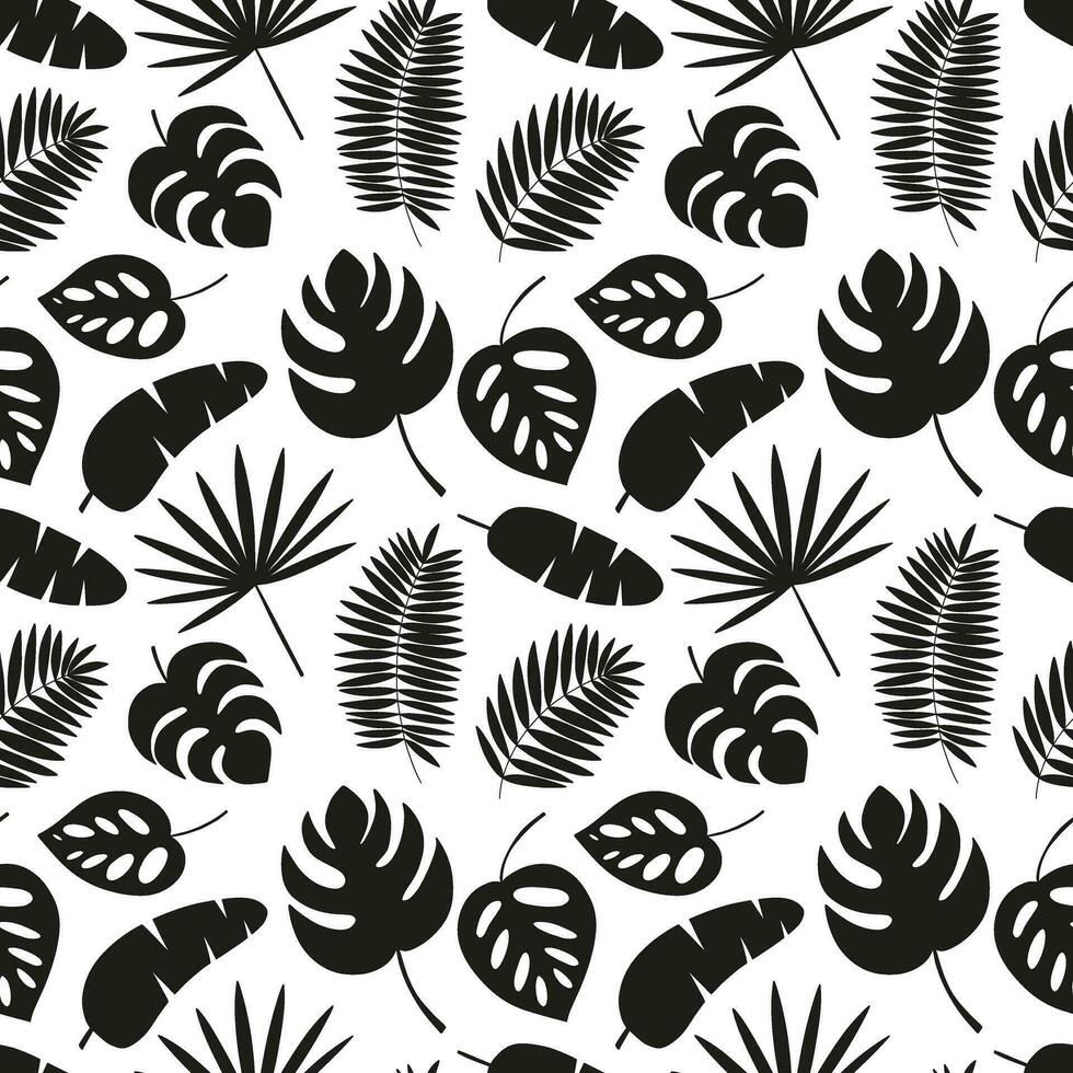 tropisch bladeren zwart silhouet naadloos patroon. verschillend exotisch tropisch bladeren Aan wit achtergrond. monstera blad, ventilator palm en banaan blad vector