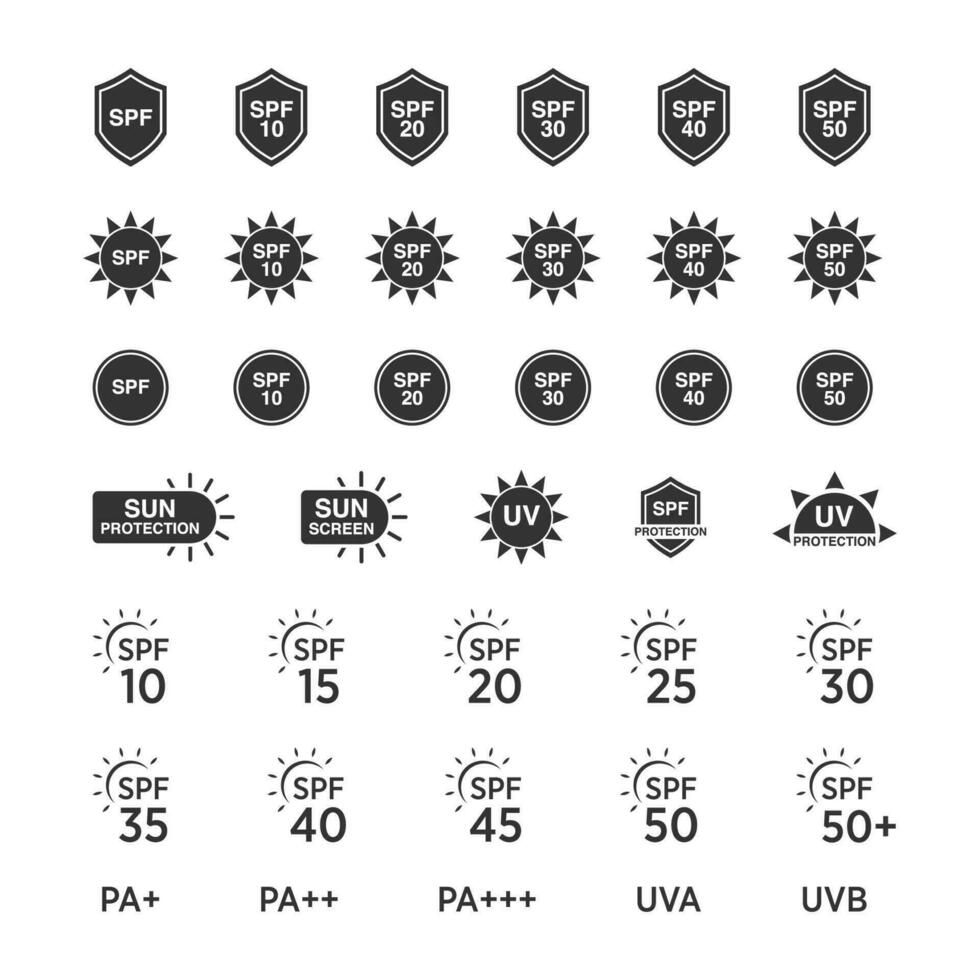 reeks van gemakkelijk vlak spf zon bescherming pictogrammen voor zonnescherm verpakking. vector