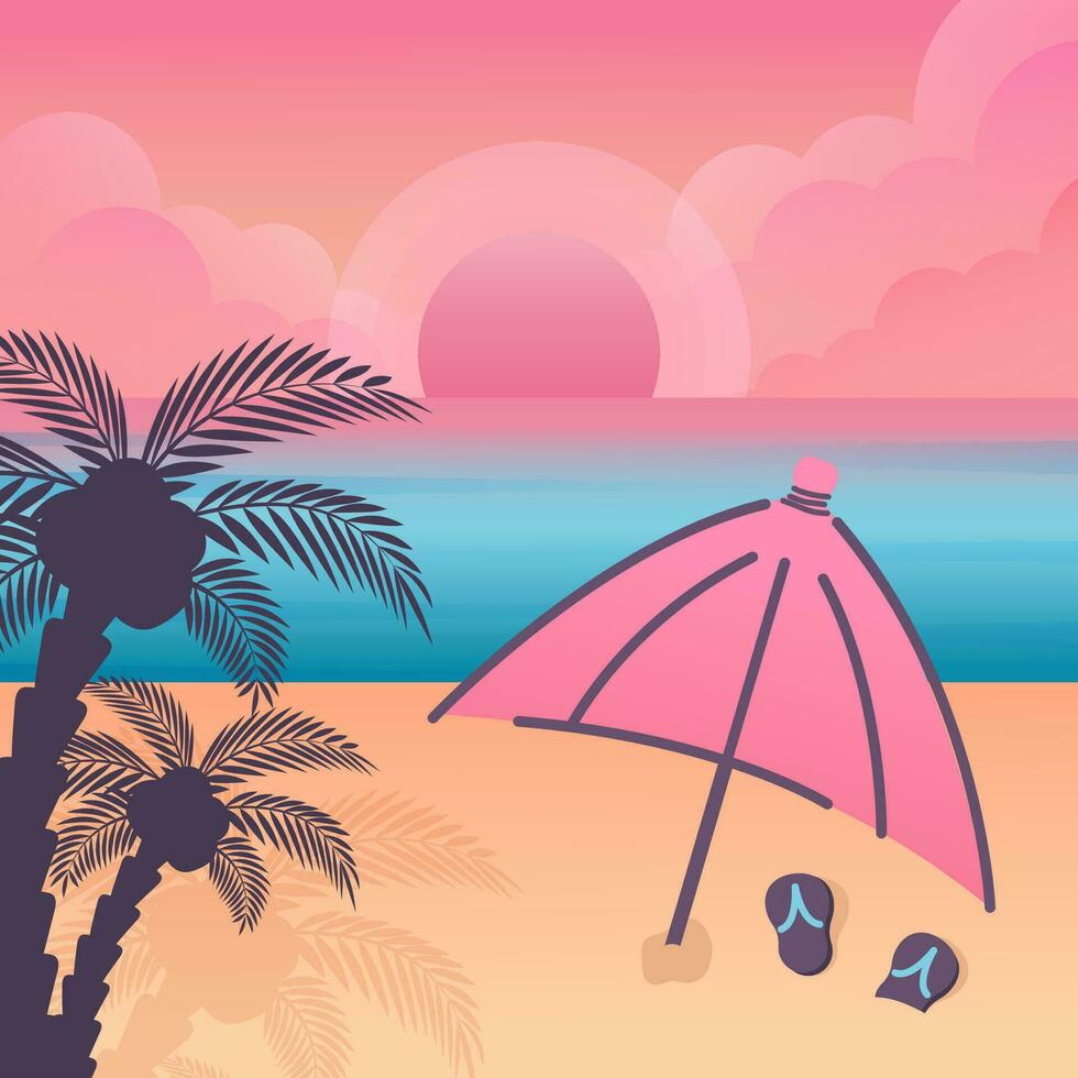 zomer strand achtergrond. mooi tropisch zeegezicht met zand strand, palm silhouetten, bladeren, oceaan, slippers, paraplu. vector tekenfilm illustratie voor reis, vakantie vakantie, toevlucht, poster