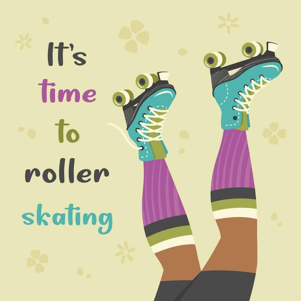 rol schaatsen. poten van schaatser Dames, roze sokken, sportkleding. jong meisje of tiener in sport- shorts skaten. retro poster in jaren 90, jaren 80, jaren 70 stijl. vrijheid, levensstijl concept. vector illustratie