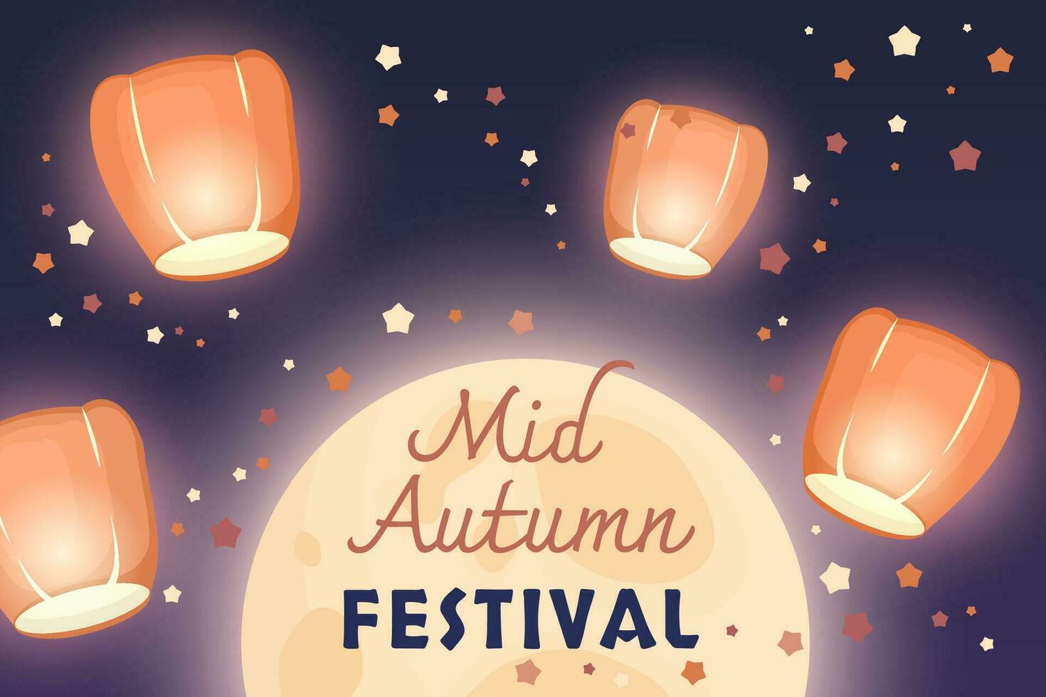 groet kaart met tekst voor midden herfst festival. Chinese lantaarns, maan, sterren, Aziatisch traditioneel elementen voor feestelijk decoratie mooncake vakantie. vector vlak tekenfilm illustratie