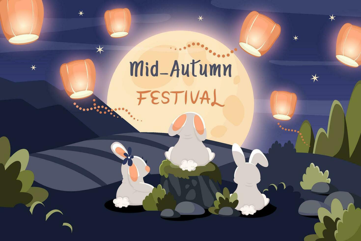 gelukkig midden herfst festival. schattig konijnen op zoek Bij maan en Chinese lantaarns. groet kaart met tekst voor mooncake festival, Chinese, koreaans, Aziatisch traditioneel vakantie. vector tekenfilm illustratie.