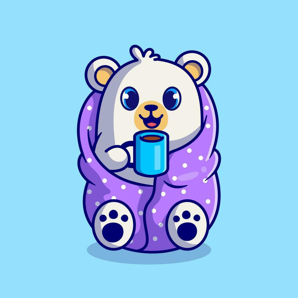 schattig polair beer vervelend deken en drinken heet koffie kop tekenfilm vector icoon illustratie. dier drinken icoon concept geïsoleerd premie vector. vlak tekenfilm stijl